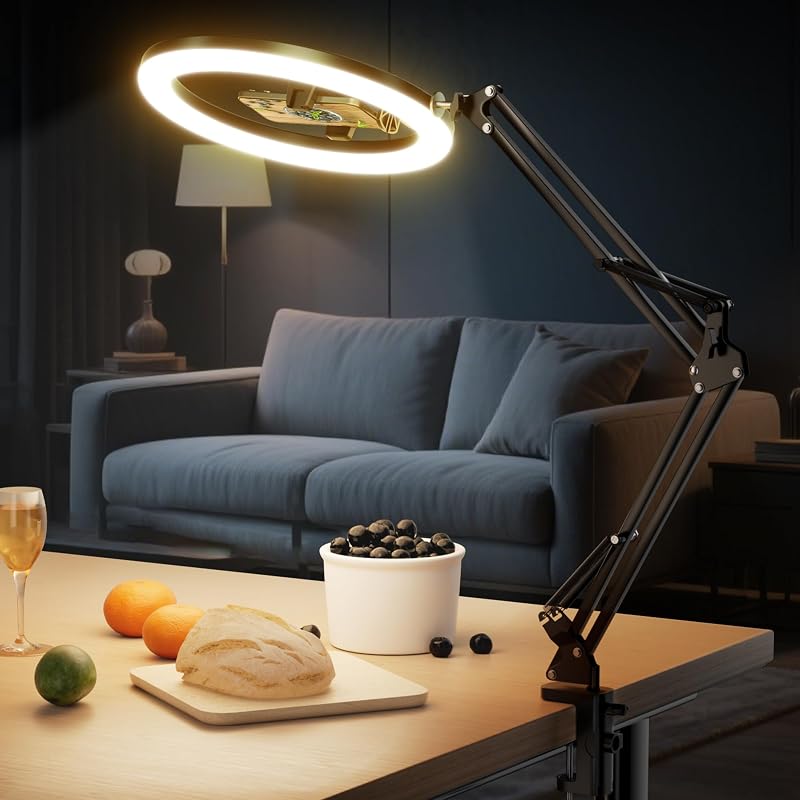 12’’ Overhead Ring Light for Desk with Phone Mount, LED Selfie Light with Adjustable Arm & Clamp, Dimmable Lighting for Video Recording, Zoom, Live Streaming, TikTok, YouTube