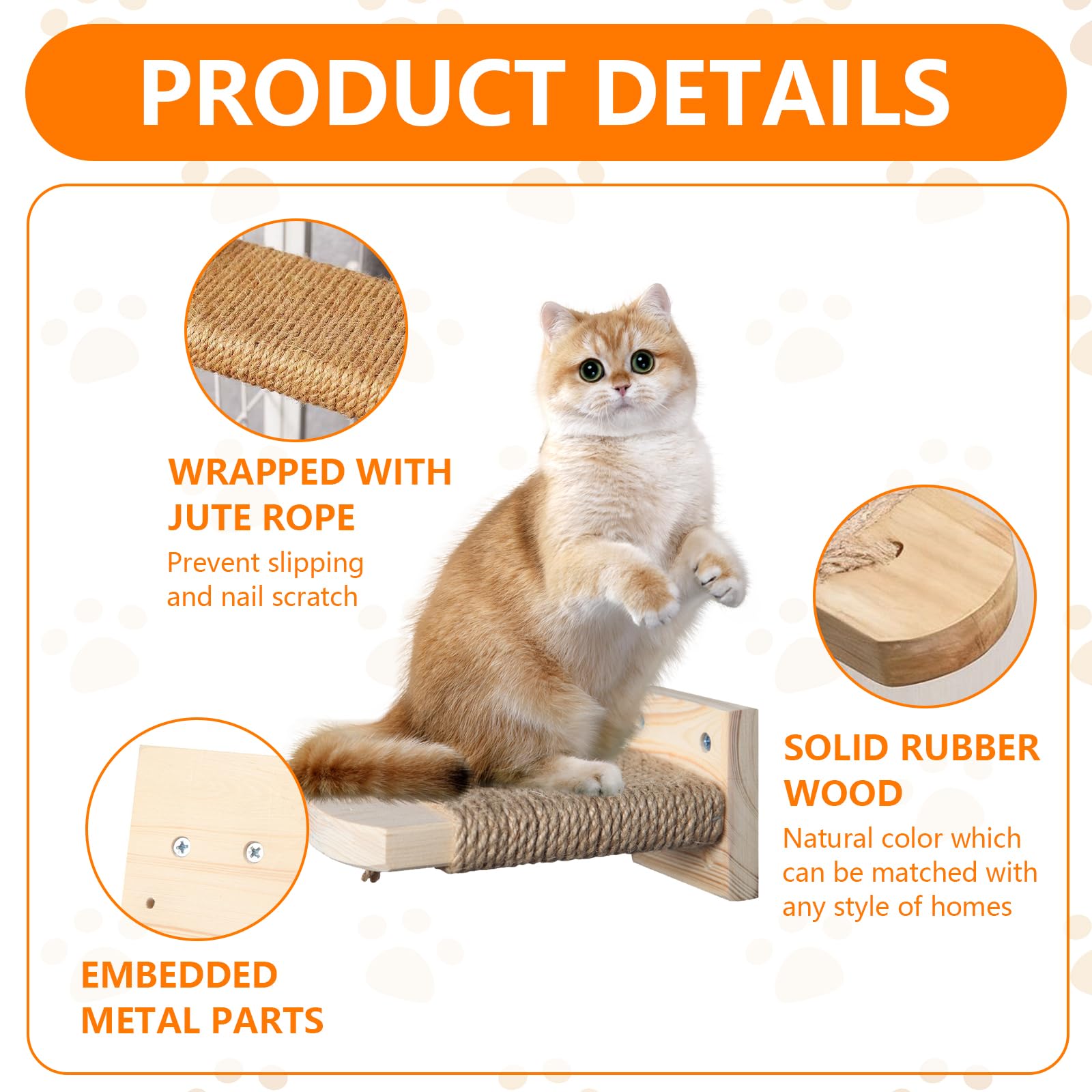 4 in 1 Kletterwand für Katzen Katzentreppe Wand, Wandliege mit Juteseil zum Kratzen, Katzentreppe Plattform aus Massives Gummiholz, für Katze Klettern Spielen, Maximale Tragfähigkeit 35kg