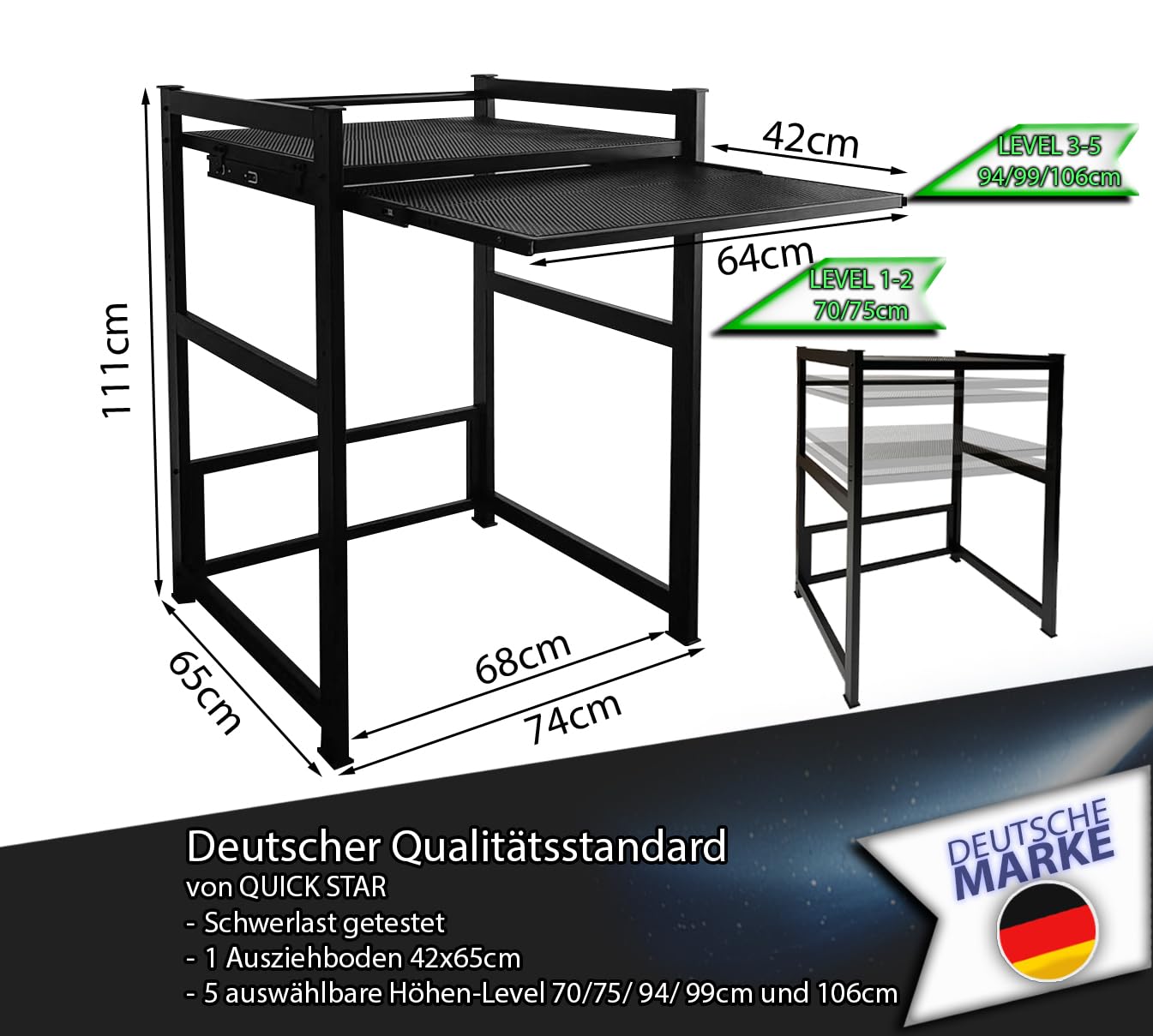 QUICK STAR Étagère pour machine à laver - 74 x 65 x 111 cm - Avec tiroir - Noir