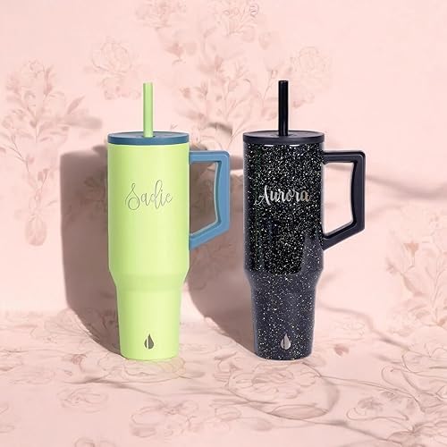 Miniatura 9 de Vaso personalizado de 40 onzas con asa y pajilla, taza de acero inoxidable personalizada para bebidas frías y calientes, taza de viaje con 2 popotes