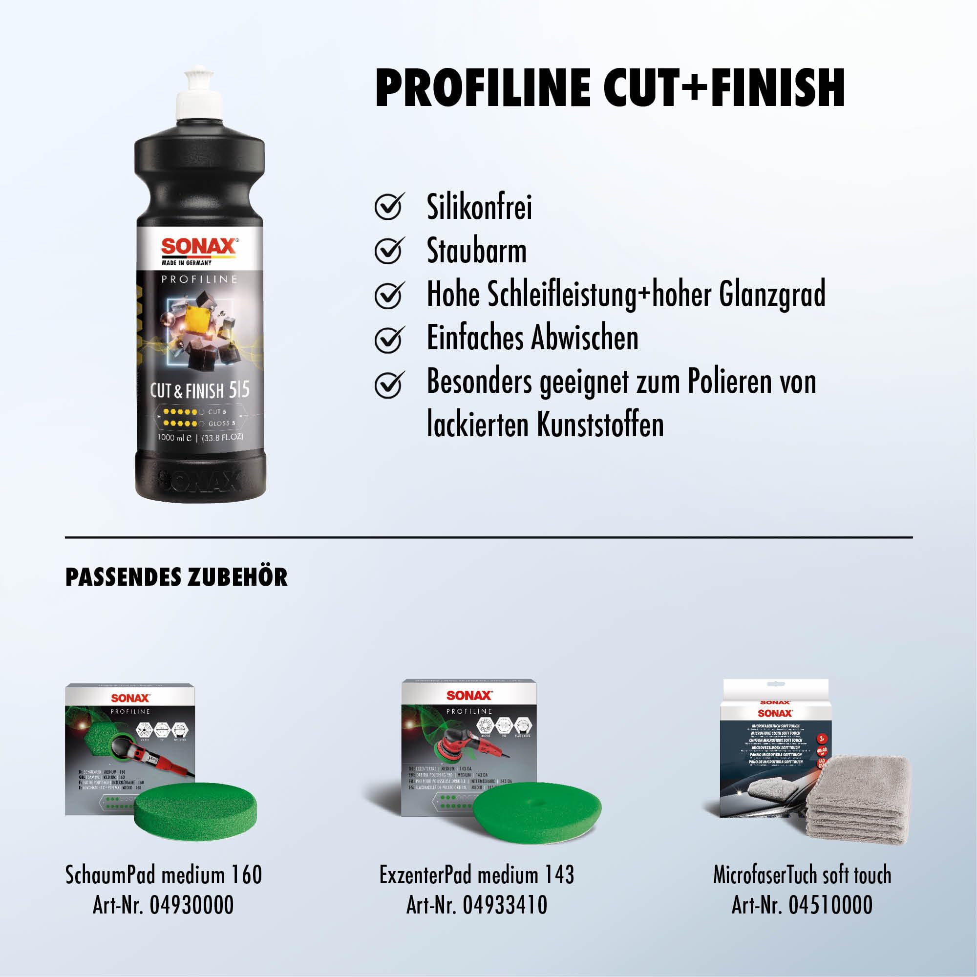 SONAX PROFILINE Cut+Finish (1 Liter) zur schnellen Beseitigung von Fehlstellen nach der Reparaturlackierung | Art-Nr. 02253000 | 02253000, Profiline Cut+Finish