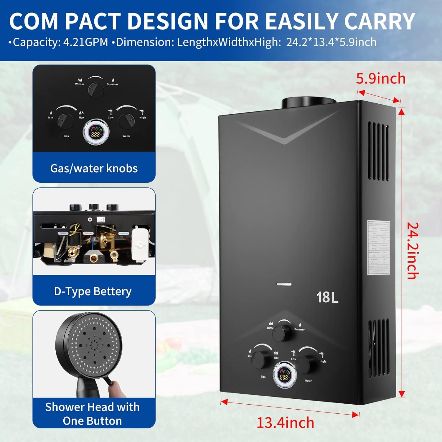 ECUTEE Chauffe Eau Gaz LPG 18L 36 KW Propane Chauffe Eau Gas Instantané Tankless Chaudiere Avec Pommeau De Douche Galvanisé Et Flexible De Douche - Pour Camping, En Plein Air Et Douche
