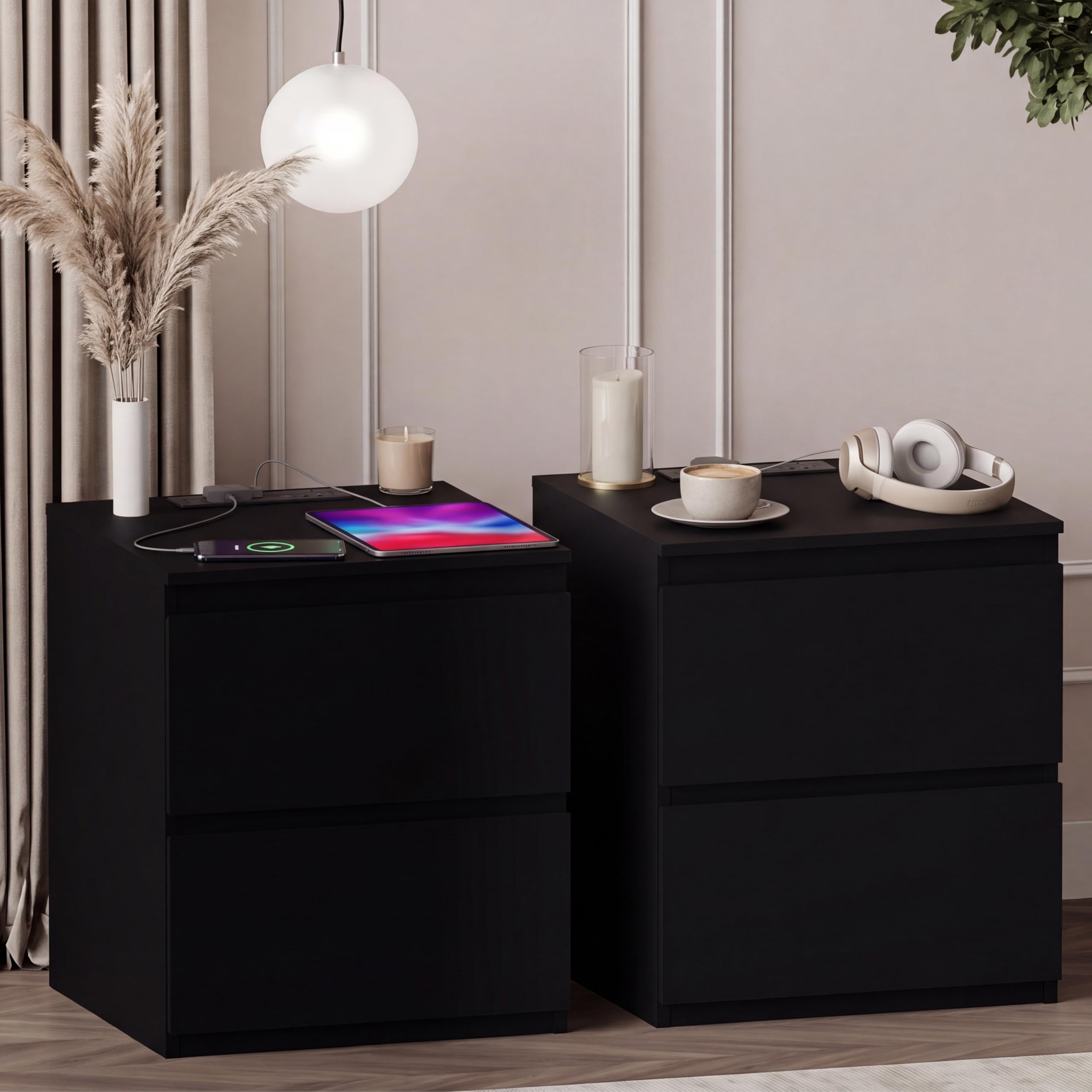 Vida Designs Denver 2 Drawer Bedside Cabinet Black set of 2 - Compact Space-Saving Nightstand with power outlet - 52H x 39.5W x 39.5D cm - Ideal for Bedroom & Guest Room