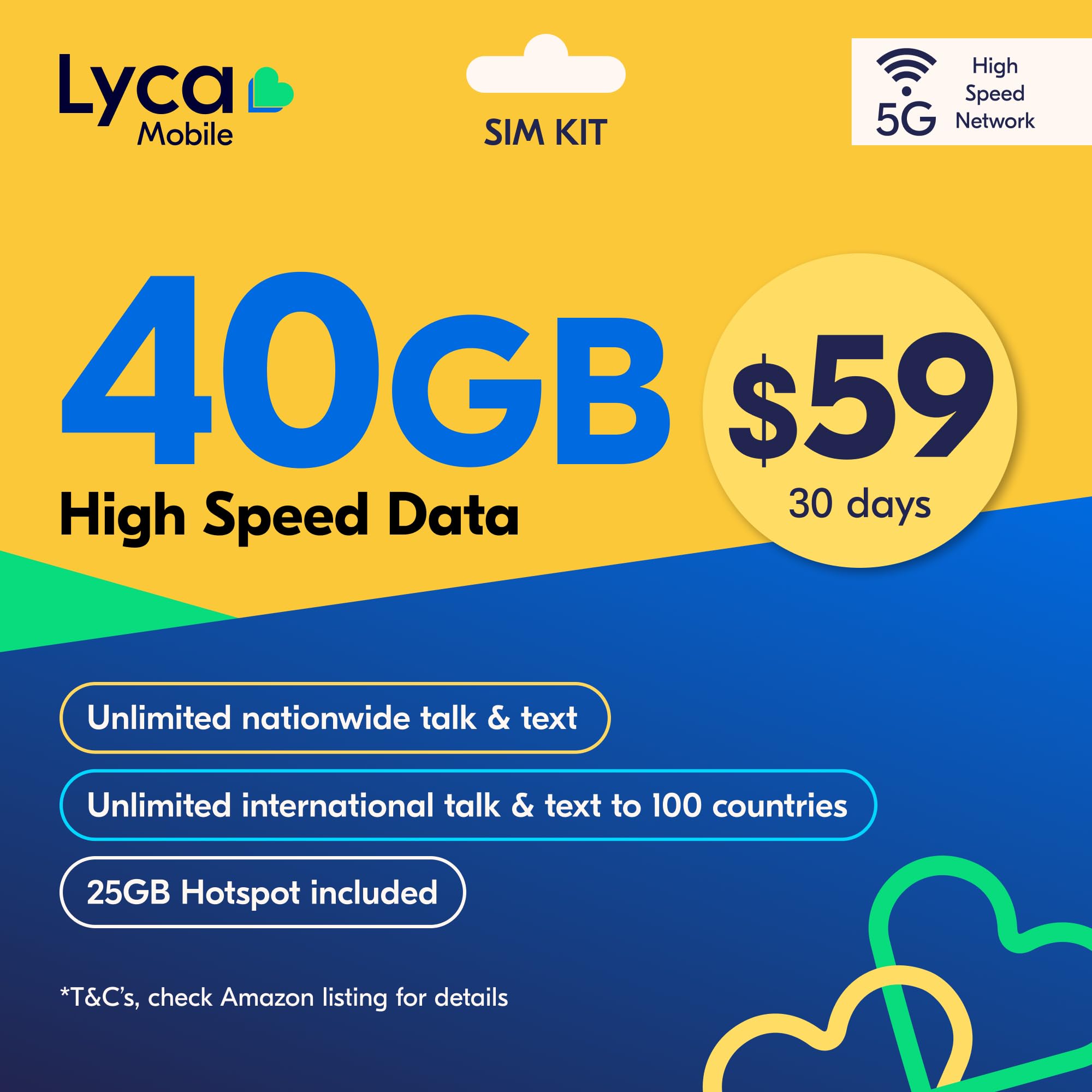 Lyca Mobile USA Prepaid 5G/4G SIM Card | $59 Plan | Unlimited Talk, Text &amp; Data | 40GB High Speed Data (25GB Hotspot) | 30 Days