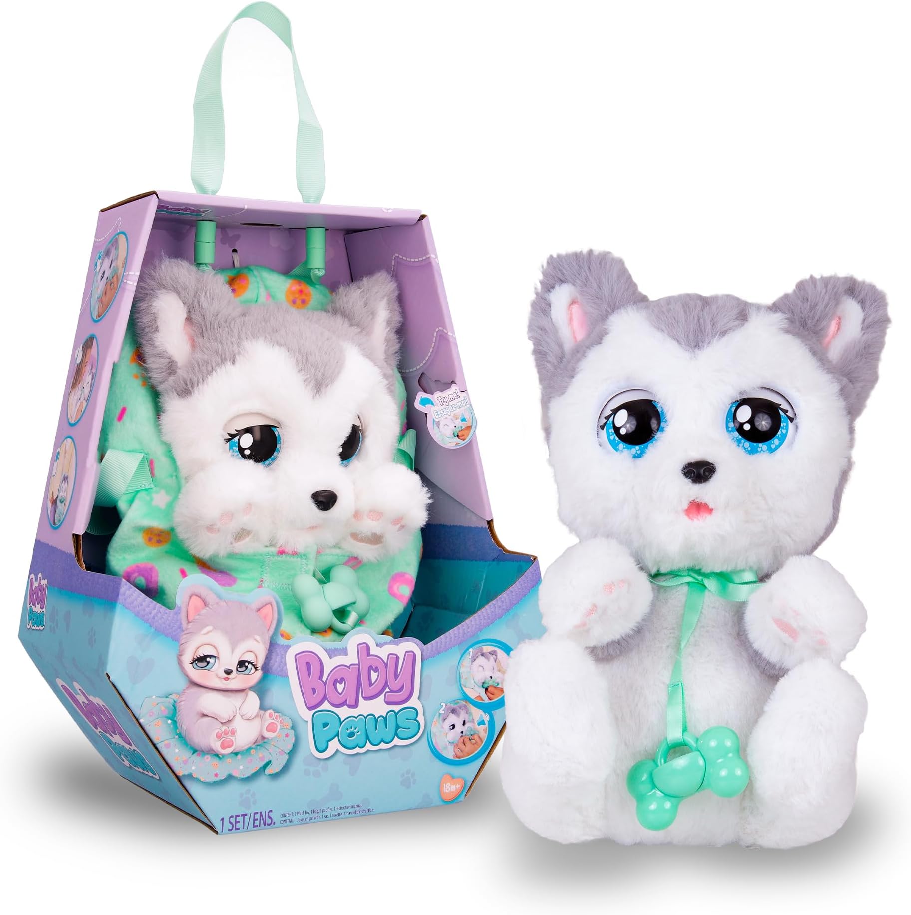 BABY PAWS HUSKY ADORABLE PET PLUSH PUPPY Cuddle and play, with Pacifier and Personalized Blanket, makes adorable sounds that will melt your heart!