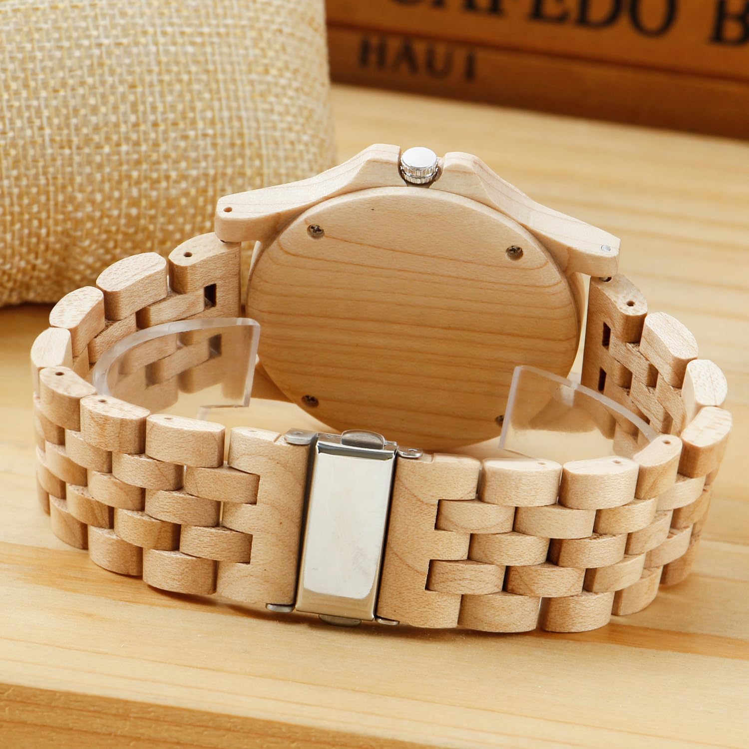 Tiong Reloj de madera para hombre, reloj de cuarzo analógico de color natural, correa de madera ajustable, reloj de cuarzo para hombre, Q1058-1, Pulsera