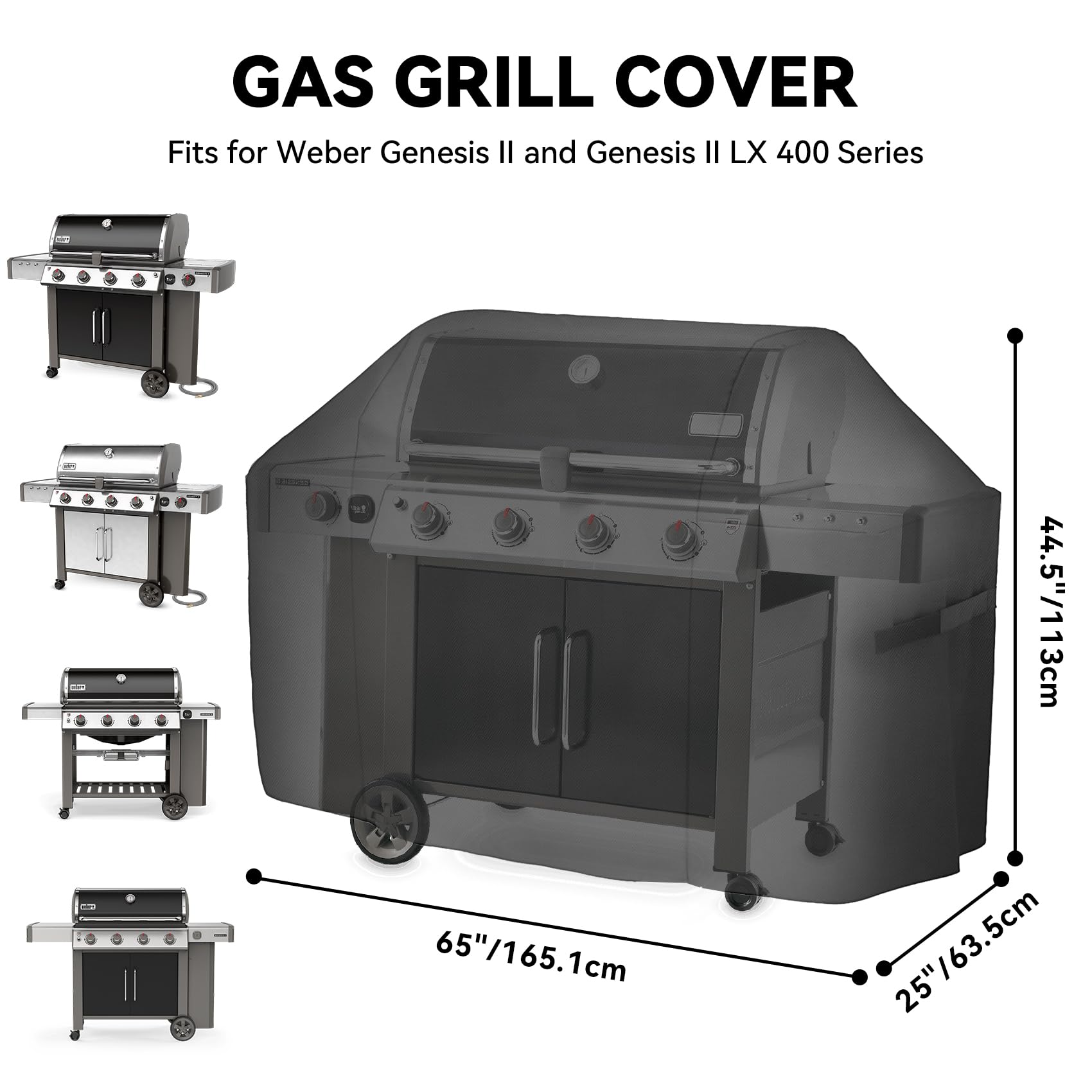 Onlyfire Grillabdeckung Abdeckhaube (für Weber Genesis II & II LX 400), Decken, atmungsaktiv, UV-beständig, wasserdicht | 600D Oxford Grillabdeckung, Wasserdicht, UV-beständig, Ersatz für Weber 7131, 165L x 63B x 113H cm