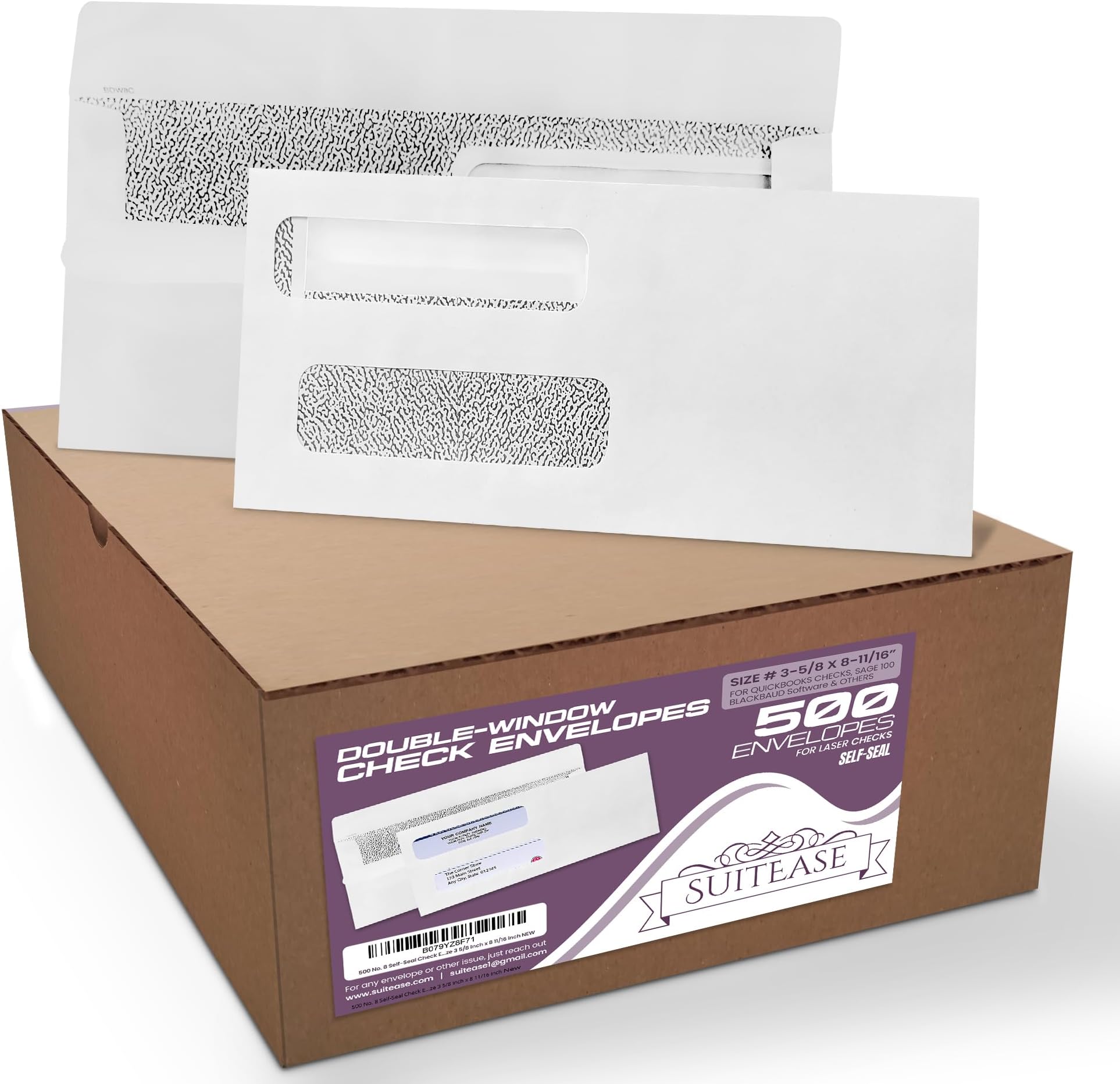 500 No. 8 Self-Seal Check Envelopes - Designed for Quickbooks in other Printed Checks. Security Tinted Double Window Size 3 5/8 Inch x 8 11/16 Inch
