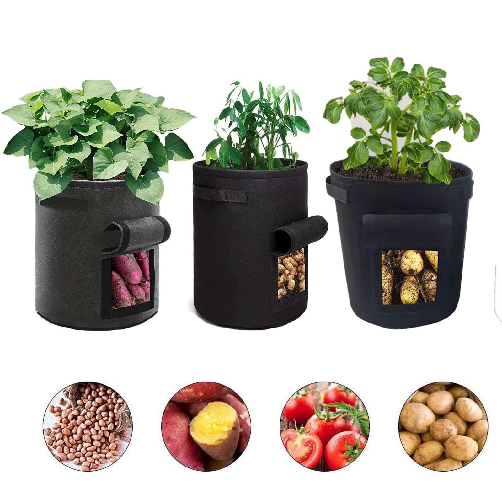 xingjieyun 3 Pack of 10-Gallon Potato Planting Bags with Harvest Viewing Window, Thickened Breathable Non-Woven Planters with Handles - Ideal Fabric Planting Containers for Plant Potatoes (Black)