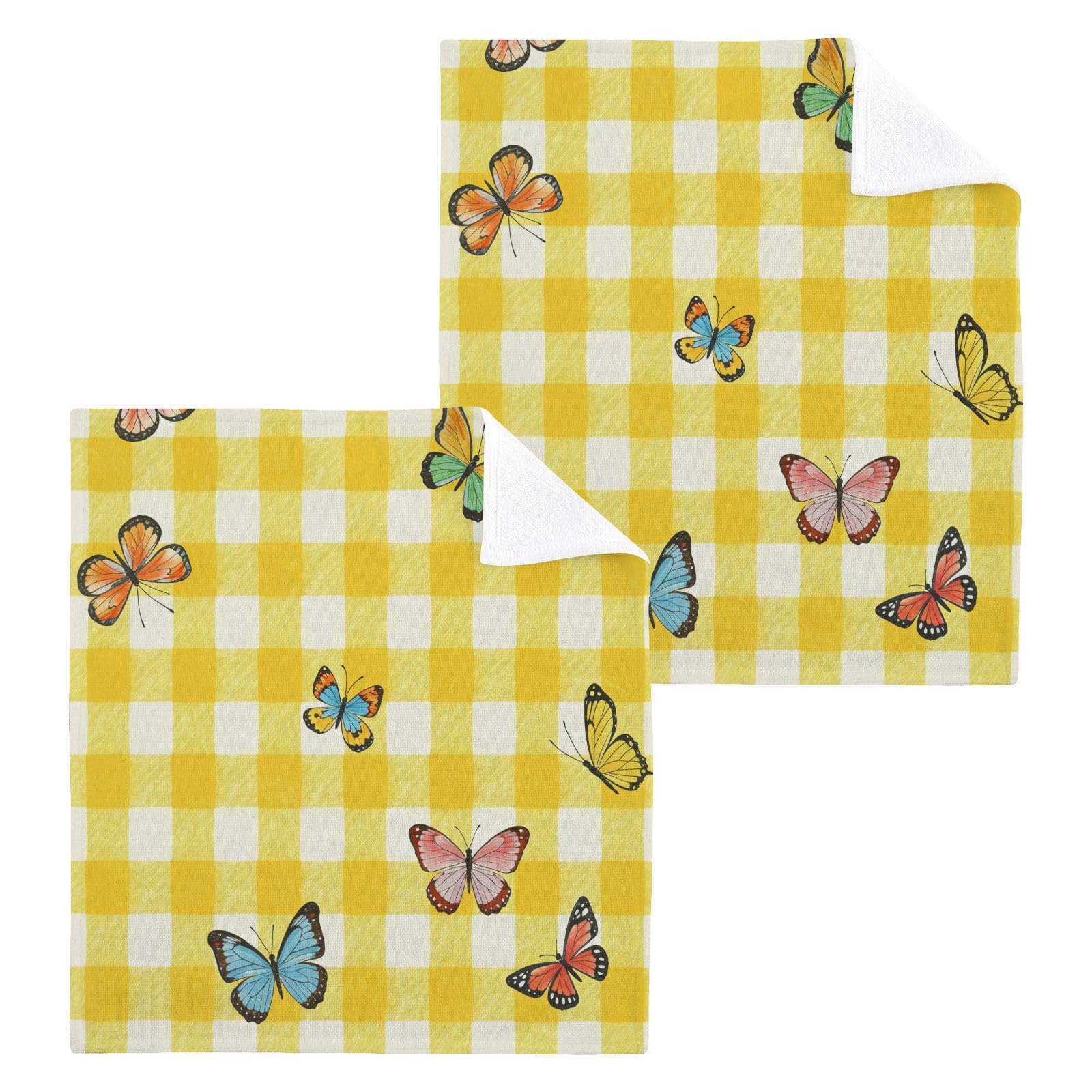 YANENDIE Yellow Gingham Butterfly Washcloths Towels, Highly Absorbent and Soft Cotton Face Cloths, 2 Pack Quick Dry Wash Cloths - 12 X 12 Inches