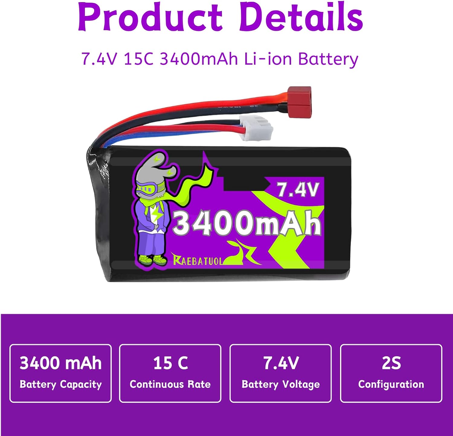 2S 7.4V 3400mAh Li-ion Battery with Dean-Style T/MINI Tamiya Plug, High Capacity RC Battery Pack for WLtoys 4WD and Most 1/10, 1/12, 1/16 Scale RC Cars & Trucks with 1 to 2 Charger
