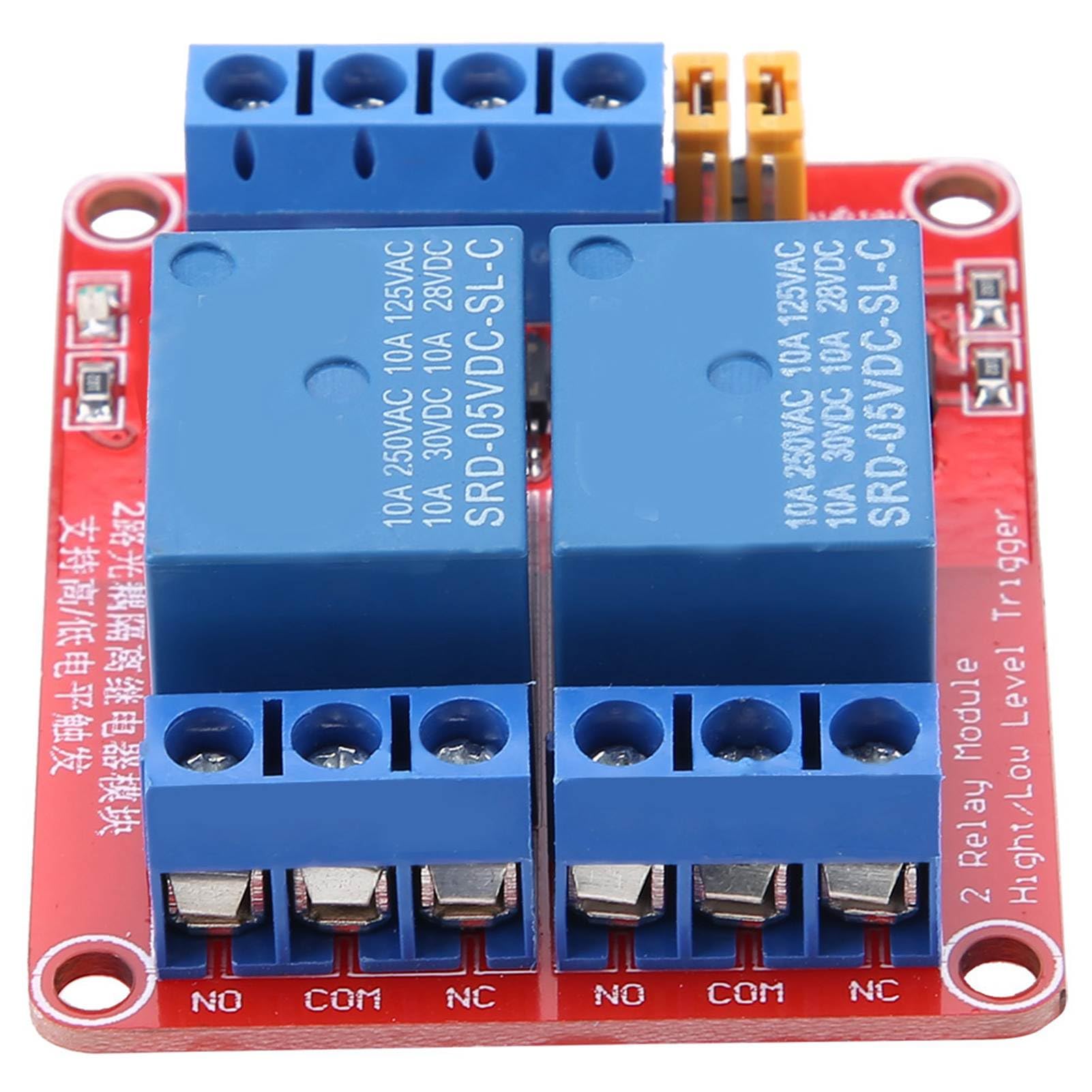 2 Channel Relay Module, Optocoupler Isolation, High and Low Level Trigger, DC10A or AC10A, DC 30V or 10A, Stable Performance, Easy Installation, Green Power Light, Red Relay (5V)