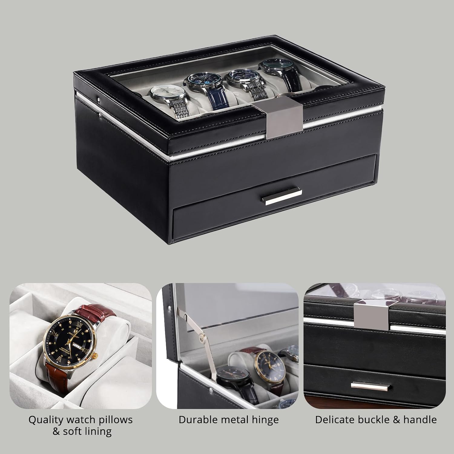 ProCase Watch Case for Women, Valentine Gifts, 10 Slot Watch Display Case with Drawer, 2-Layer Womens Watch Box, 10 Watch Box Organizer, Jewelry and Watch Holder Storage Case with Glass Lid -Black