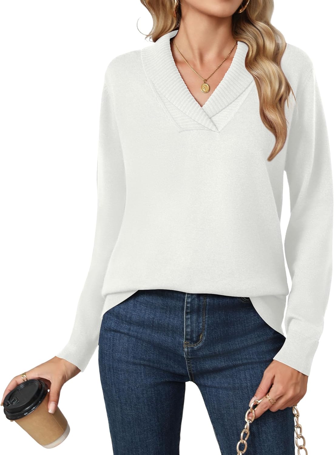 HIYIYEZI Sweaters for Women 2025 Fall Long Sleeve V Neck Collared Knitted Pullover Sweaters