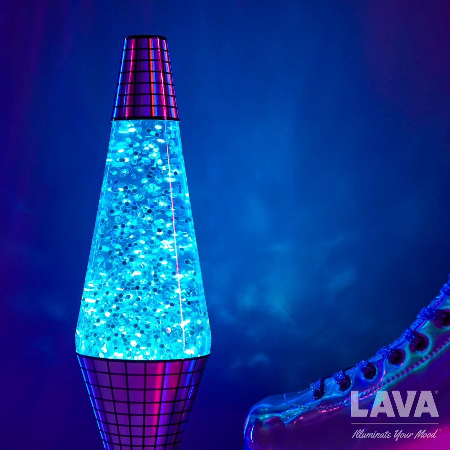 Lava® Lamp - 14.5'' Disco Fever Reflective Base - The Original Motion Light - Silver Glitter and Blue Liquid - Item #2016