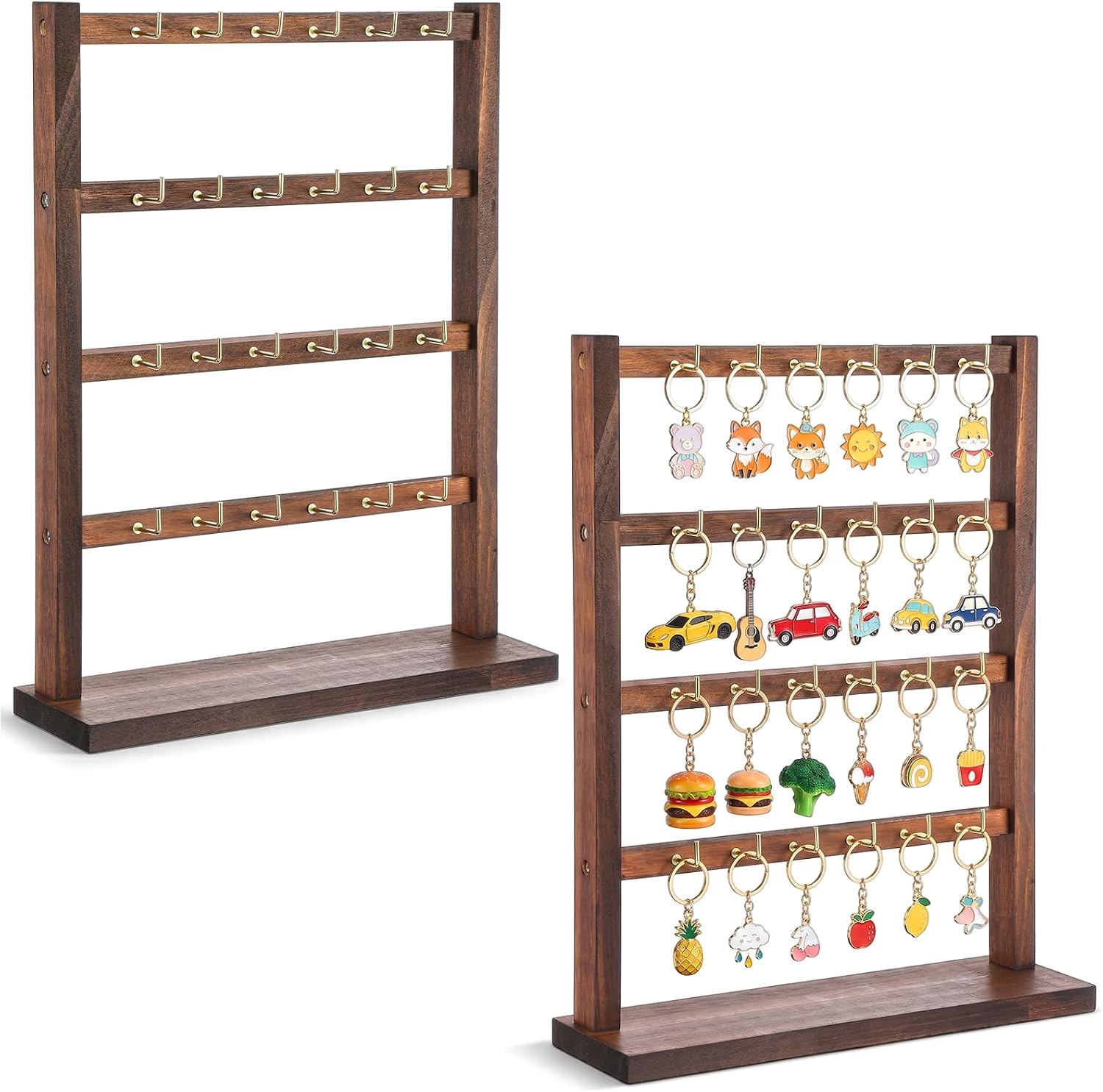 2-Pack Keychain Display Stand Wooden Jewelry Holder with 4 Tiers for Retail | This 2-pack keychain holder display doubles as a jewelry holder for earrings and bracelets(11.8x14.1x3.34 inches).