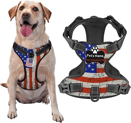 Arnés personalizado para perro sin tirones, chaleco personalizado con bandera estadounidense vintage con número de teléfono y nombre de mascota,