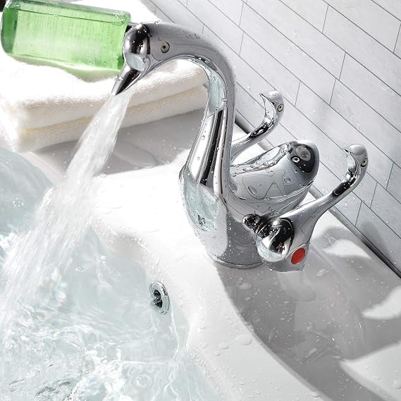 Bathroom Sink Faucet Chrome Dual Handles Lever Swan Duck Goose-Neck Waterfall One Hole Bath Lavatory Basin Mixer Tap Deck Mount Supply Line Commercial