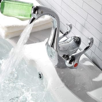 Bathroom Sink Faucet Chrome Dual Handles Lever Swan Duck Goose-Neck Waterfall One Hole Bath Lavatory Basin Mixer Tap Deck Mount Supply Line Commercial