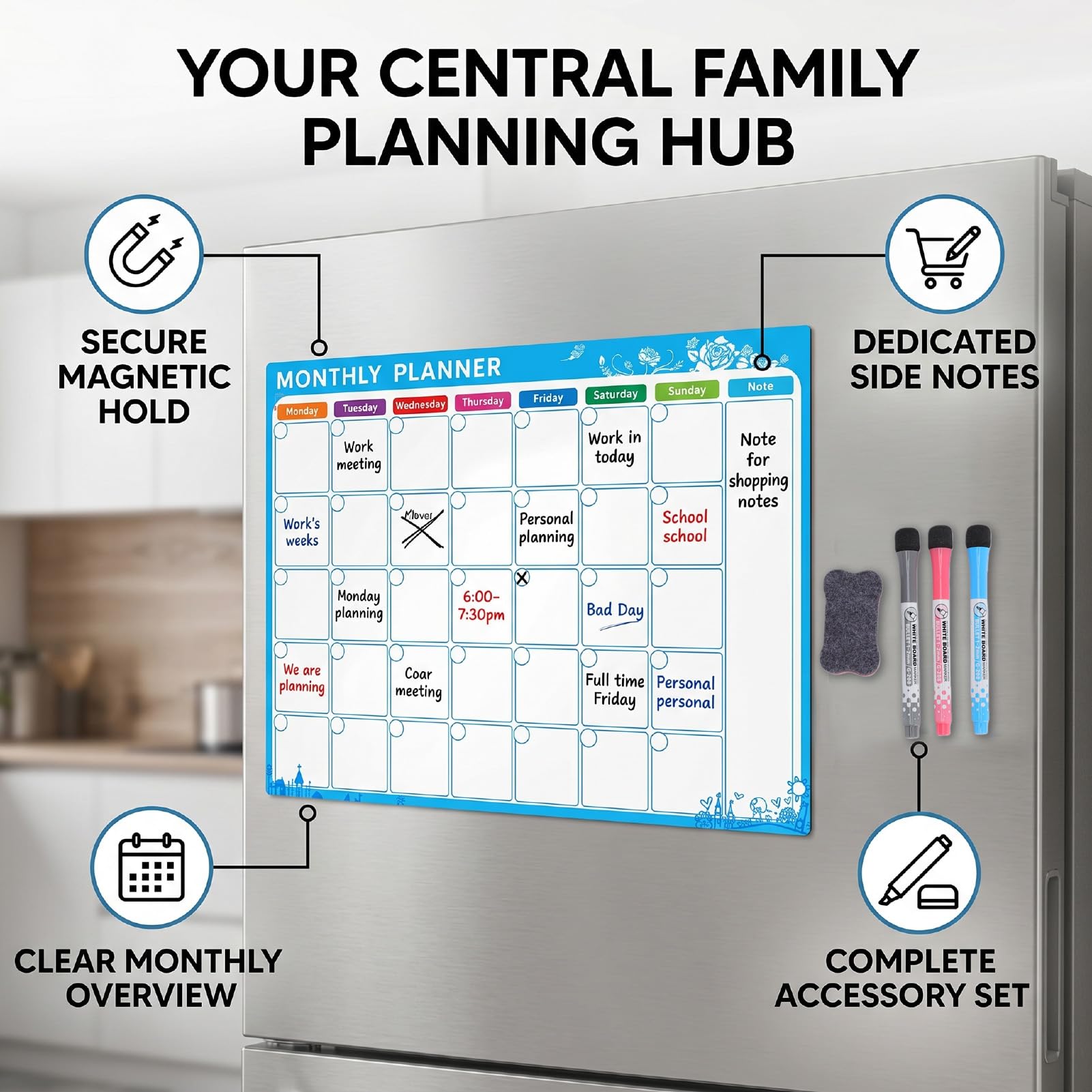 Karlak Magnet-Monatsplaner mit Farbmarkierungen und Radiergummi für Kühlschrank, Familienorganisation, Trocken Abwischbarer Kalender, 4 Stück (4 Sets roter, blauer, schwarzer Stift)