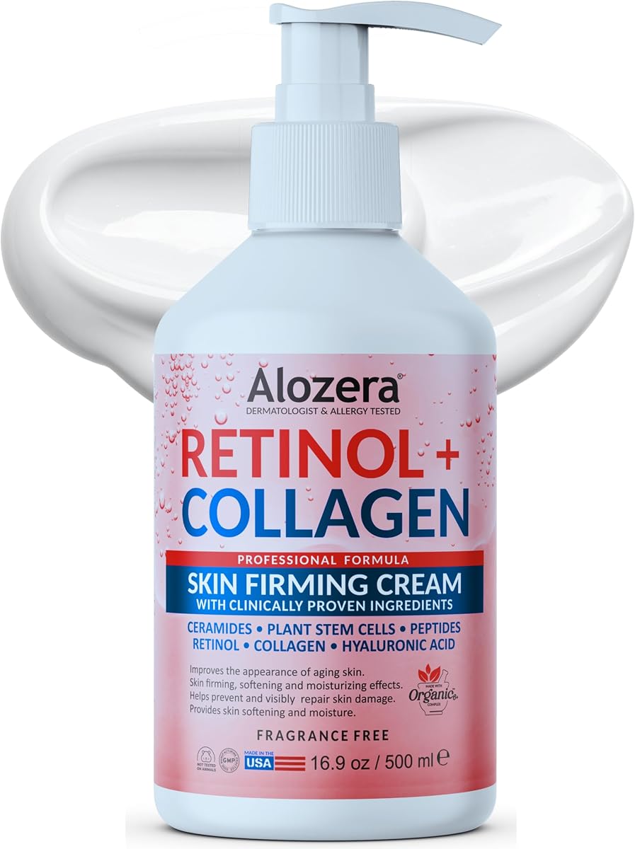 Alozera Loción corporal reafirmante con retinol y colágeno, crema hidratante corporal antienvejecimiento para piel crepey, mejora la elasticidad de la piel, ligera y de rápida absorción, sin fragancia añadida, 16.9 onzas
