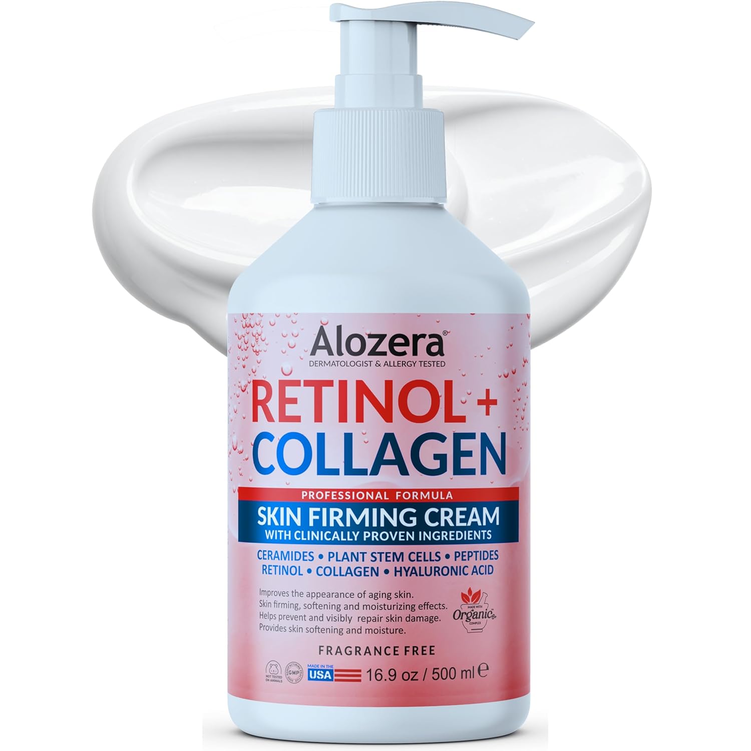 Alozera Skin Firming Retinol Collagen Face & Body Lotion with Stem Cells for Aging Skin and Wrinkles, Non-Greasy, Lightweight Moisturizer, Fragrance-Free, 16.9 oz