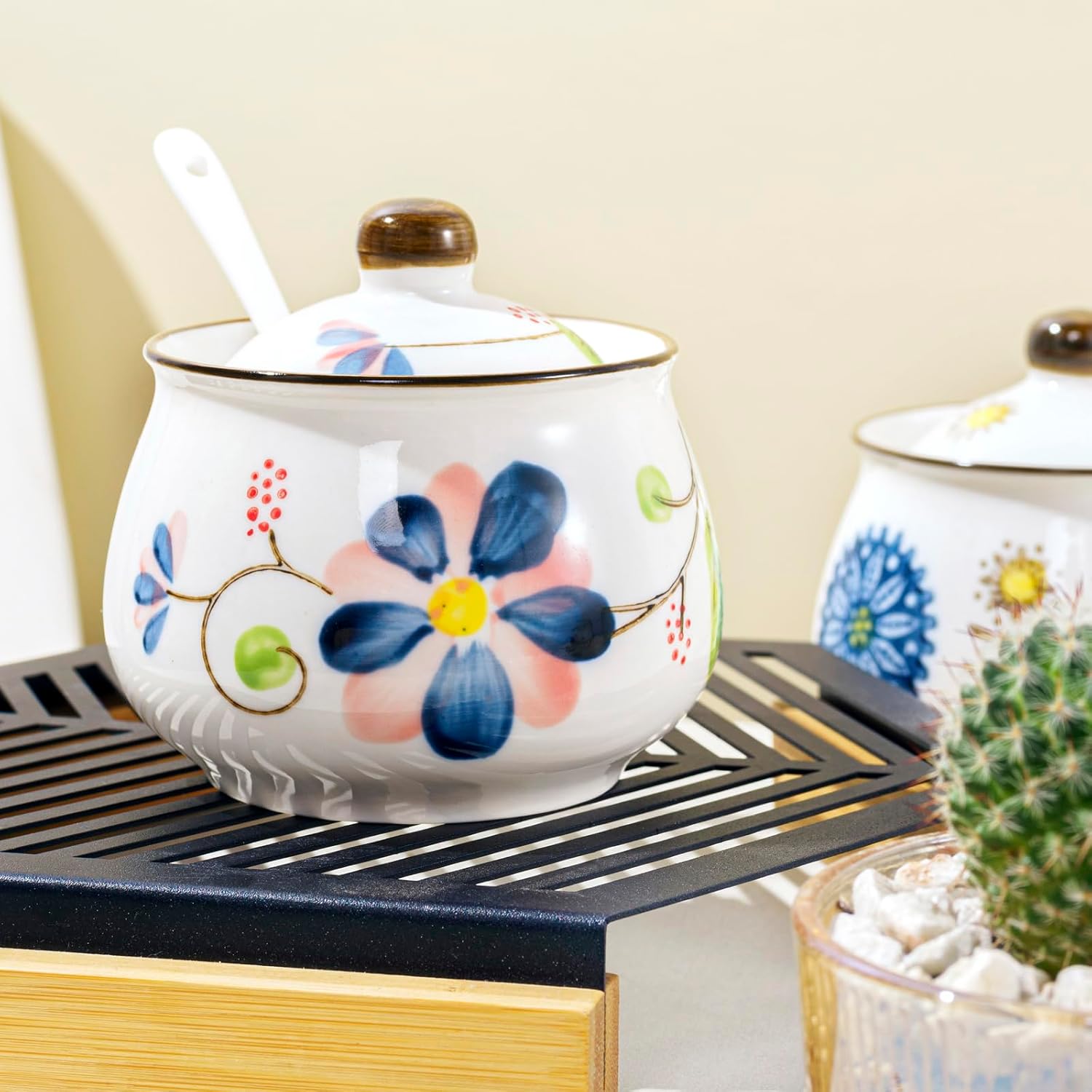 Handmade Porcelain Sugar Bowls with Lids and Spoons, 10 oz Ceramic Spice Jars for Kitchen, Seasoning Containers for Salt, Pepper, Sugar, or Condiments with Floral Design (LH)