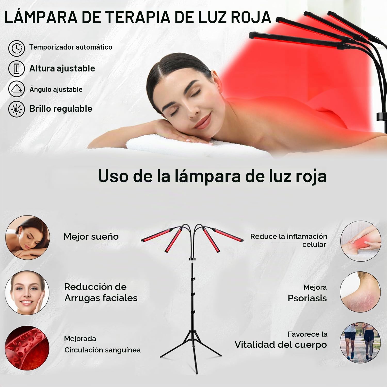 Lámpara de Luz Roja con Soporte, 4 Cabezas 660nm y 850nm Lámpara Infrarroja con 240 LEDs y Altura Regulable de 38-152cm para el Hogar y la Oficina