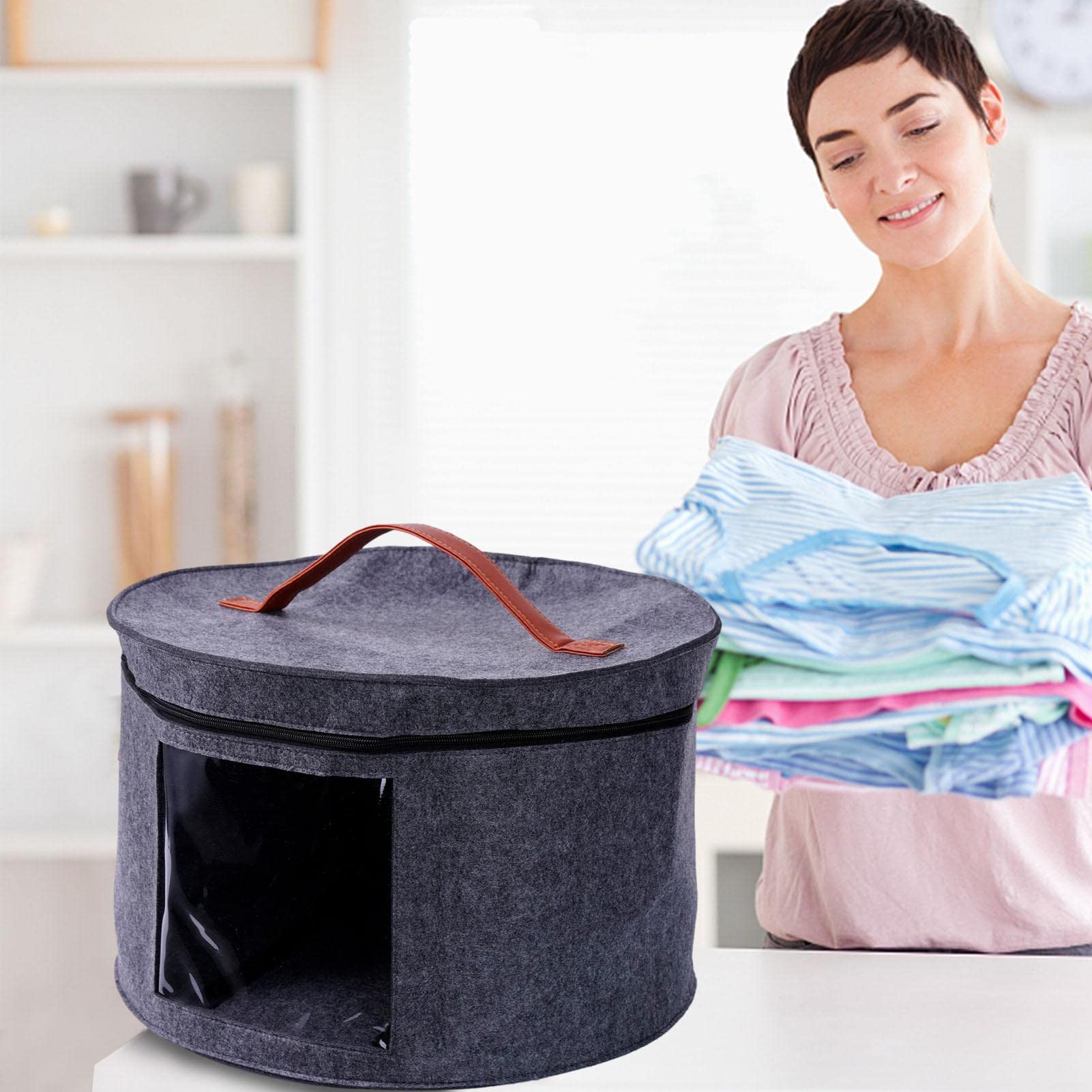 2 cajas redondas con tapa, gran maletín, pop up sombrero, caja de almacenamiento, organizador redondo transparente, organizador de armario decorativo, 43 cm, gris y negro