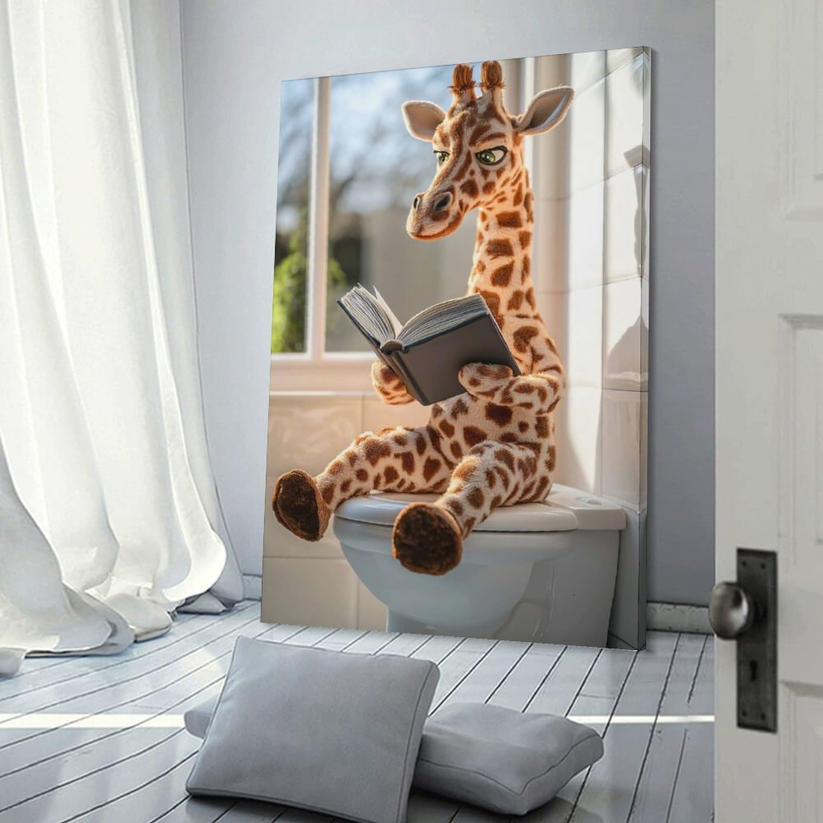 Junmoney Giraffe Reading on The Toilet Canvas Art Print, 24x36inch(60x90cm), for Living Room, Bedroom, Office Or Hallway, Decorative Artwork with Broad Appeal