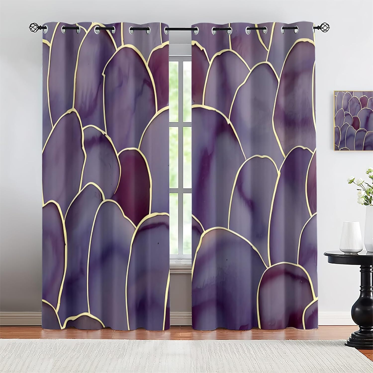 Purple Agate Marble Curtains for Bedroom, Luxury Gold Geometric Lines Blackout Drapes, Thermal Insulated Grommet Top Window Treatments, for Office Kitchen and Living Room (26" W x 39" L) x 2