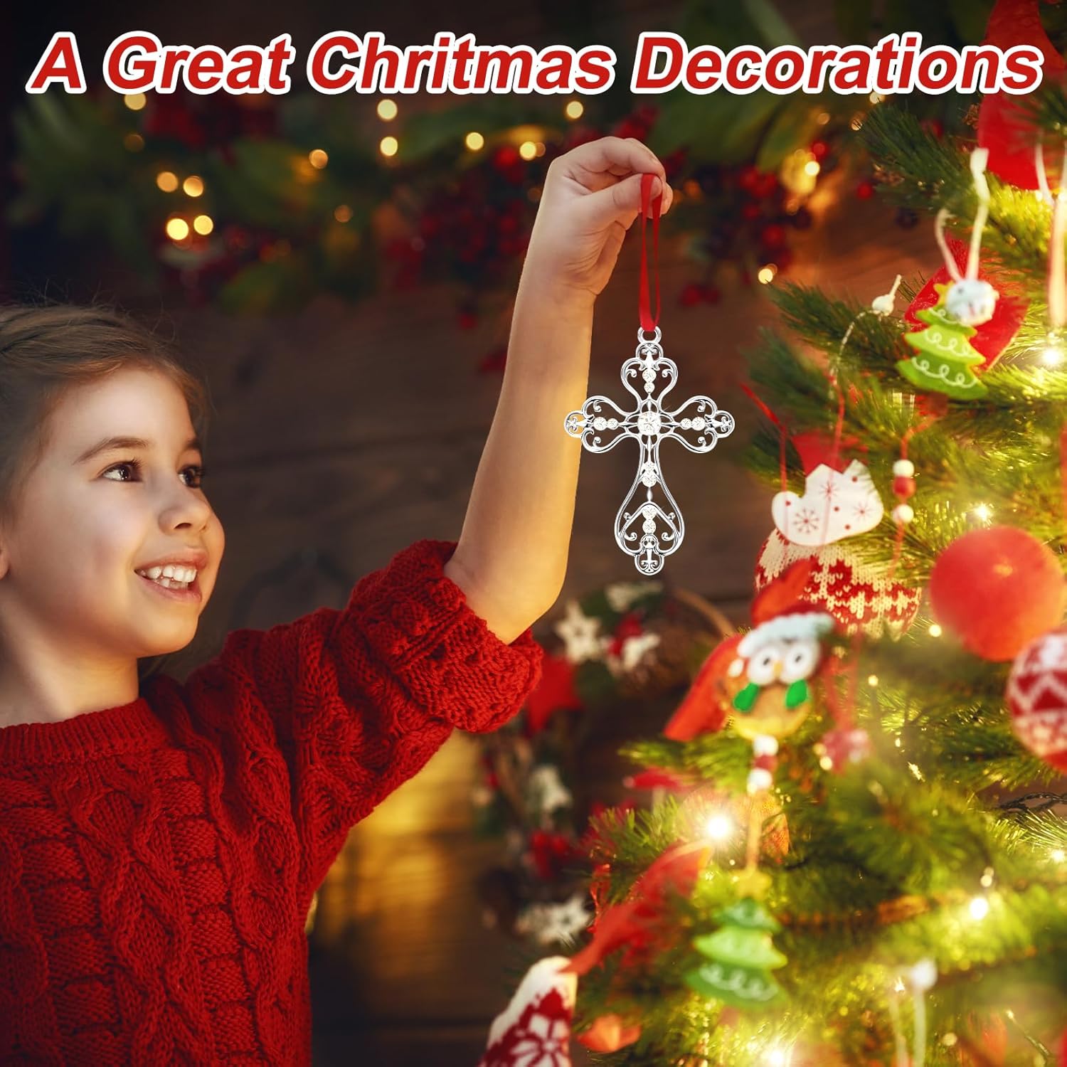 COCHIE Christmas Christian Cross Ornaments for Christmas Tree Hanging Decorations 2025, First Communion Gifts, Metal Religious Christian Gifts for Women, Men (Silver with Gift Box) - Image 3
