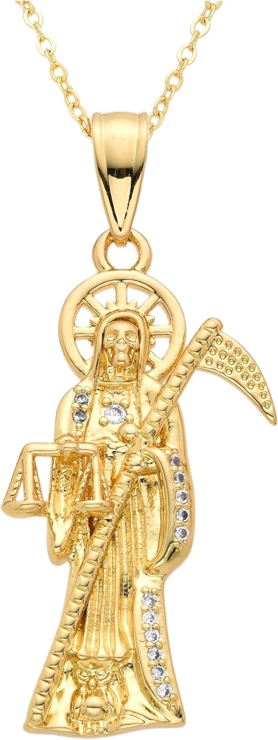 14K Yellow Gold Zircon La Santa Muerte Necklace For Women And Men - Holy Death's Pendant Necklace, Santa Muerte Pendant Necklace, Holy Saint Death Necklace Religious Jewelry For Women Men