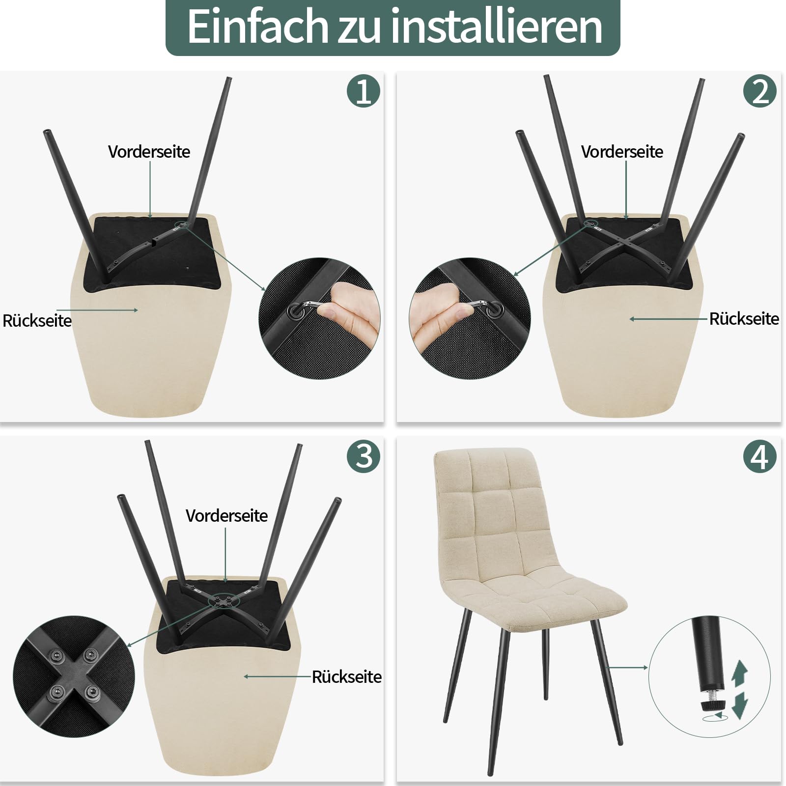 JIJIAN 4er Set Esszimmerstühle, Gepolsterte Stühle mit Leinenstoff und Schwarzen Metallbeinen, Schachbrettmuster, Esszimmerstühle für Esszimmer Wohnzimmer Küche, Beige