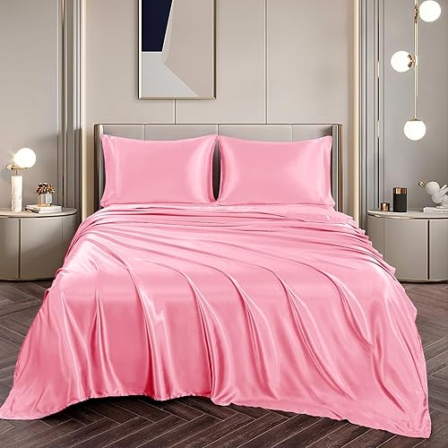 Vista 20 de Vonty Satin Sheets King Silky Soft Satin Bed Sheets Amber Beige Sheet Set, 1 Deep Pocket Fitted Sheet + 1 Flat Sheet + 2 Pillowcases