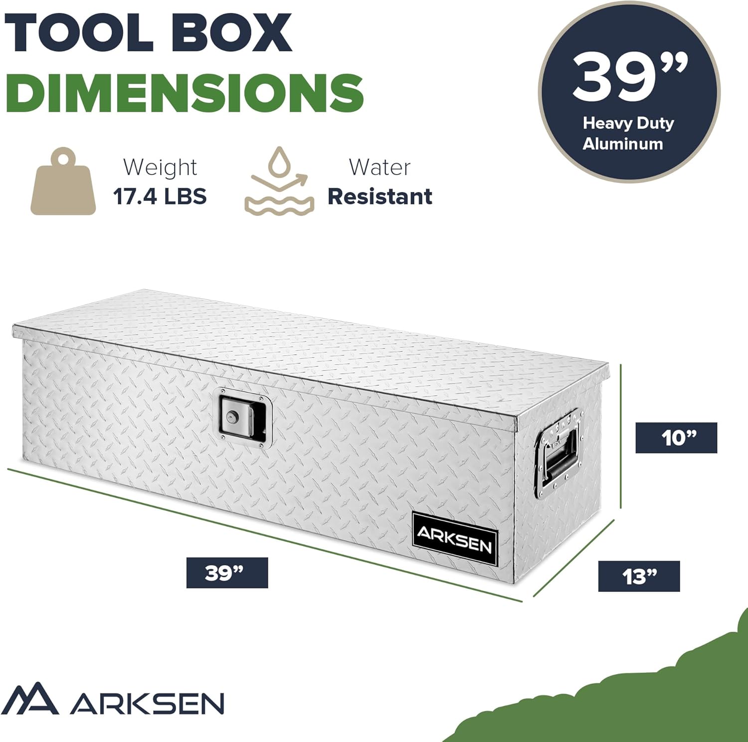 ARKSEN 39 x 13 x 10 Inch Diamond Plate Truck Bed Tool Box, Heavy Duty Waterproof Aluminum Toolboxes Storage Chest with Side Handle & Lock for Pickup Truck Bed, RV & Trailer – Silver