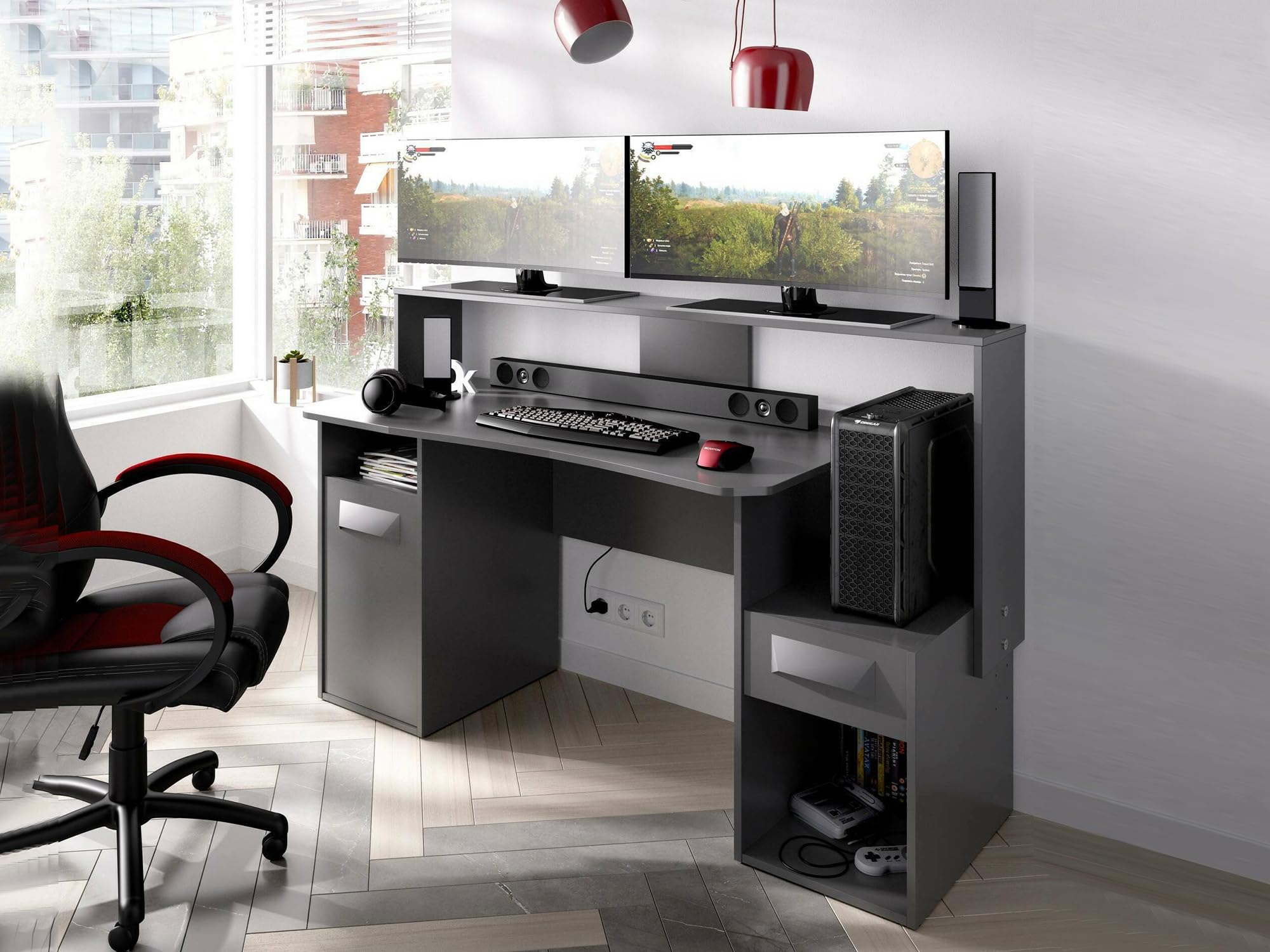 Dmora - Scrivania Manos, Scrittoio multifunzione moderno da gaming, Tavolo da studio porta PC e porta CD, 154x69h98 cm, Antracite, senza luci LED