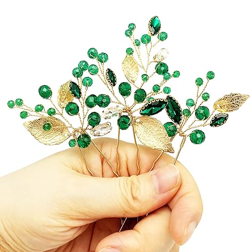 Miniatura 4 de Horquillas de cristal para el cabello de boda, con diamantes de imitación verde esmeralda, hoja dorada, vid, accesorios para fiestas, mujeres y