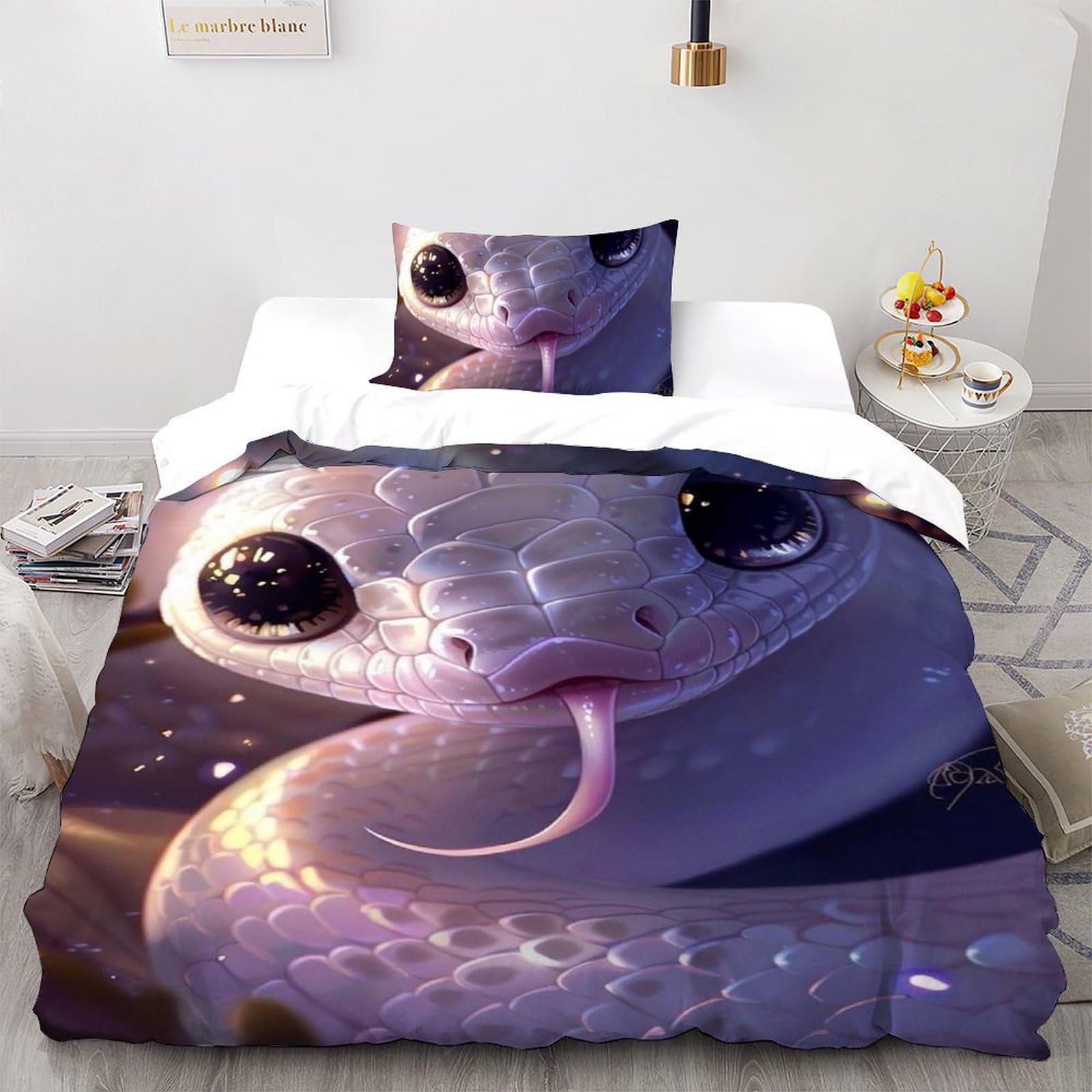 Housse de couette 100% coton motif serpent blanc 3D douce et respirante pour lit une place