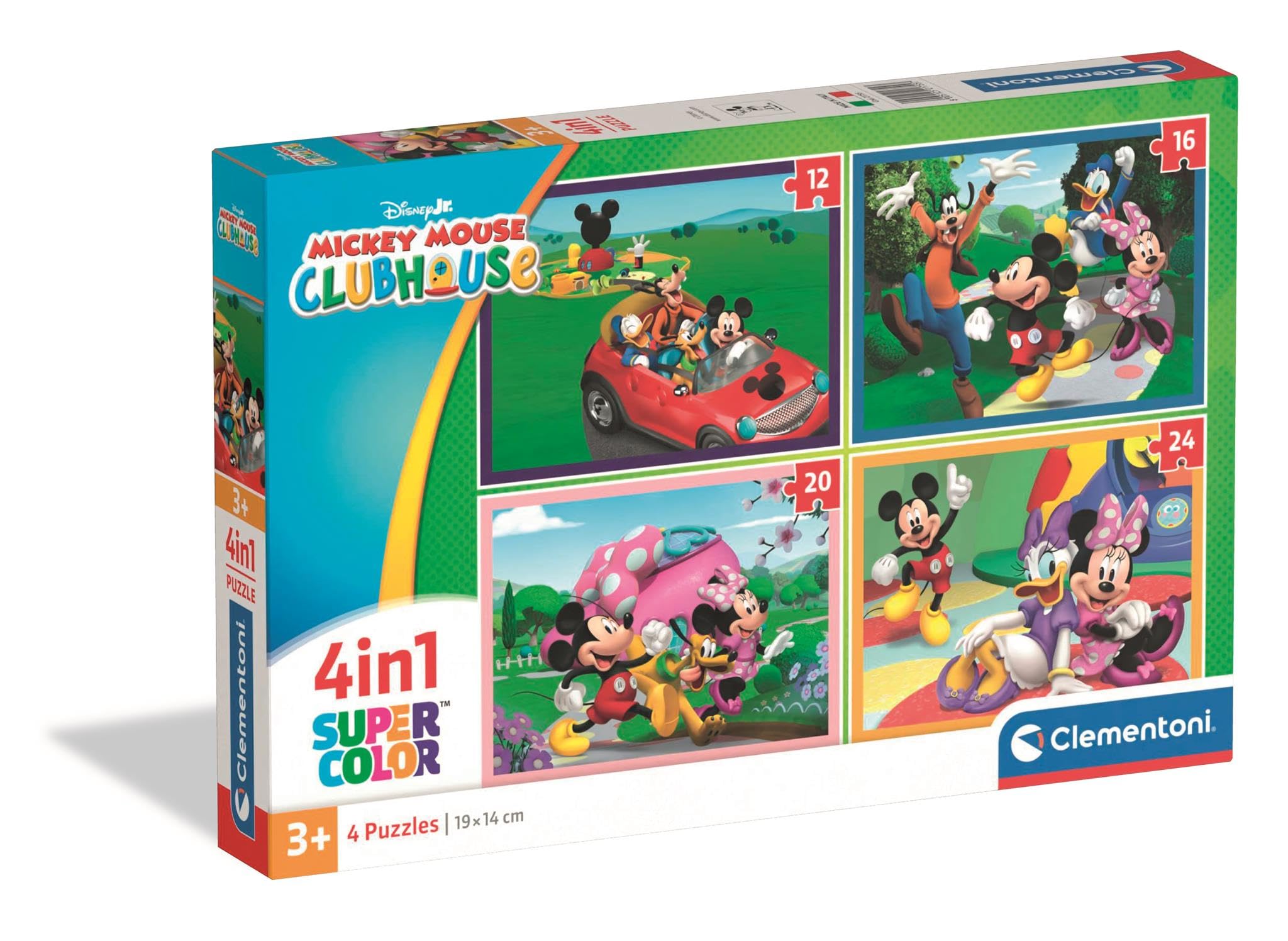 Clementoni - Disney Jr. Mickey Mouse Clubhouse Super Color 4 en 1 - Set de Puzzles Infantiles Progresivos (12, 16, 20 y 24 Piezas), Edad 3+, 19 x 14 cm, 21755
