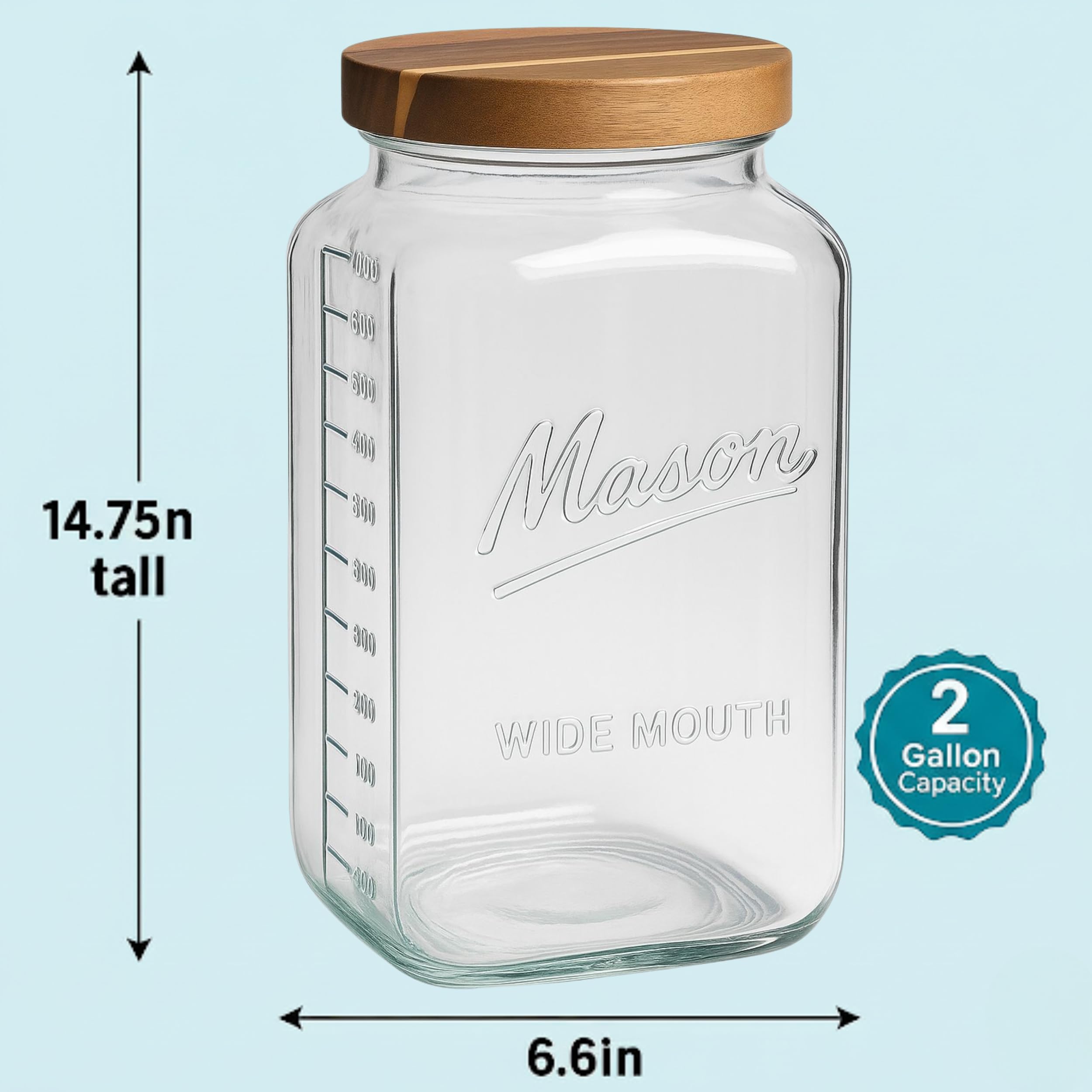 kitchentoolz Einmachglas aus Glas mit luftdichtem Holzdeckel, breite Öffnung, quadratischer Aufbewahrungsbehälter mit Messmarkierungen, ideal für Speisekammer-Organisation, Trockenwaren und