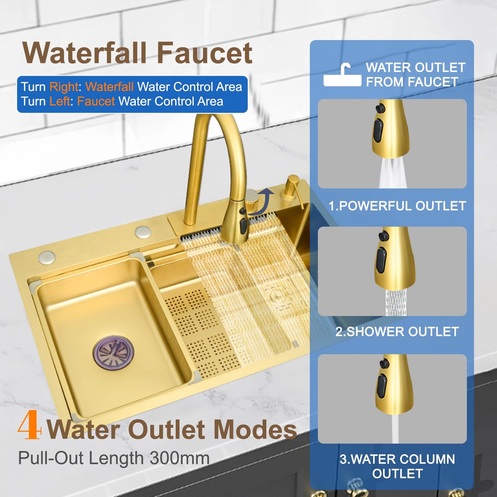 Stainless Steel Waterfall Kitchen Sink Combo With Pull-Out Faucet Nano-Coated Topmount Single Bowl Workstation Sink With Accessories, Pressure Pot Washer, Cutting Board, Draining Basket(Gold,68x45cm)