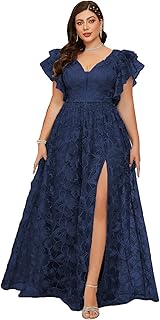 Women's Plus Size V Neck Ruffled Sleeve Embroidered Lace Maxi Dress with...