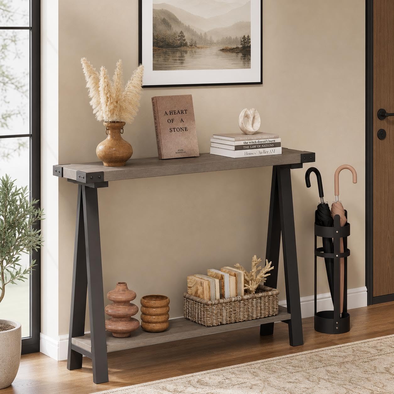 GarveeMore Farmhouse 2-Tier Console Table - 43.3" Slim Entryway Table with Storage Shelf - Metal Frame & Wooden Top - Stylish, Compact for Living Room, Hallway, Foyer - Grey