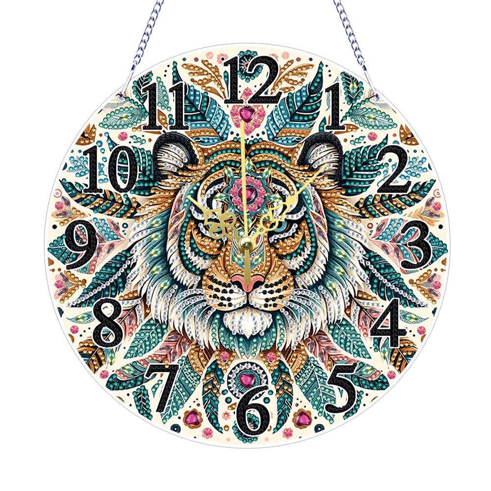 DIY 5D Acrylic Diamond Painting Clock Kits for Adults Tiger Partial Drill Special Shaped Diamond Art Wall Clock Crystal Rhinestone Diamond Painting by