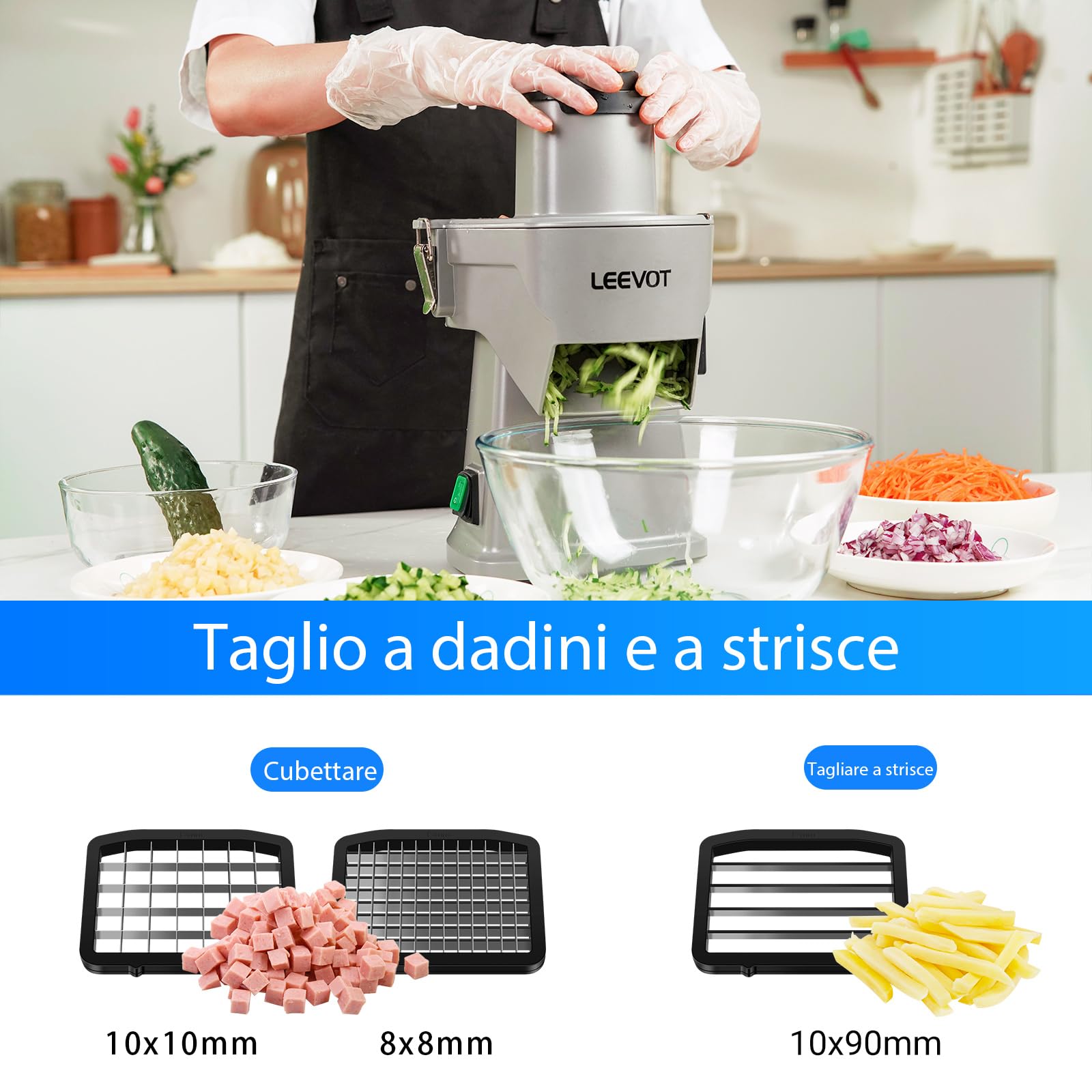 LEEVOT Tritatutto Verdure Elettrico Commerciale 200W, Robot da Cucina per Affettare, Diced e Grattugiare, Cutter Verdure Professionale per Ristorante, Hotel, Scuola, Mensa, Patatine Fritte, Grattugia