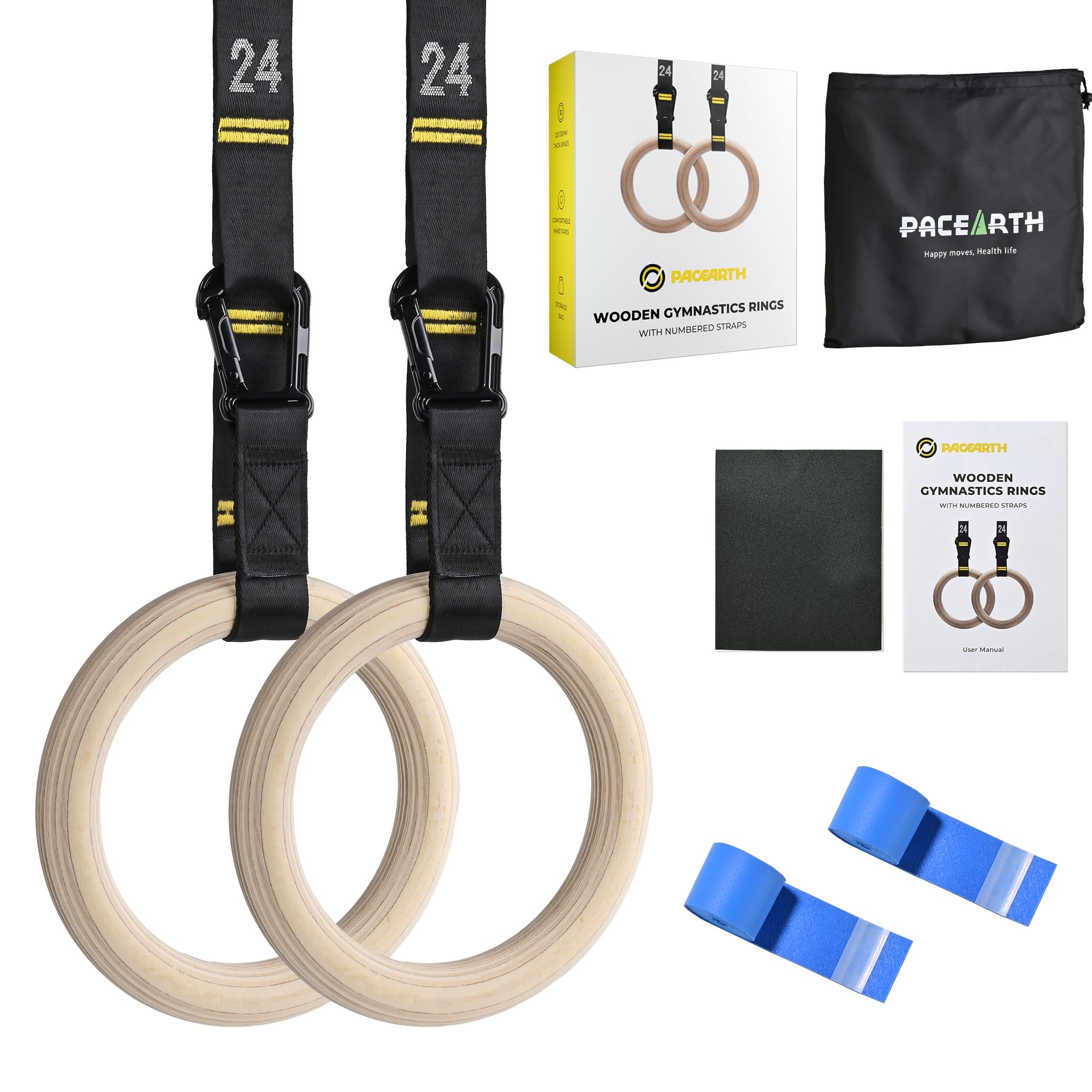 PACEARTH Gymnastics Rings 32mm Wooden Olympic Rings Support 1500lbs Locked Carabiners 9ft Double-Layer Numbered Straps Non-Slip Gym Rings for Home Gym Full Body Workout