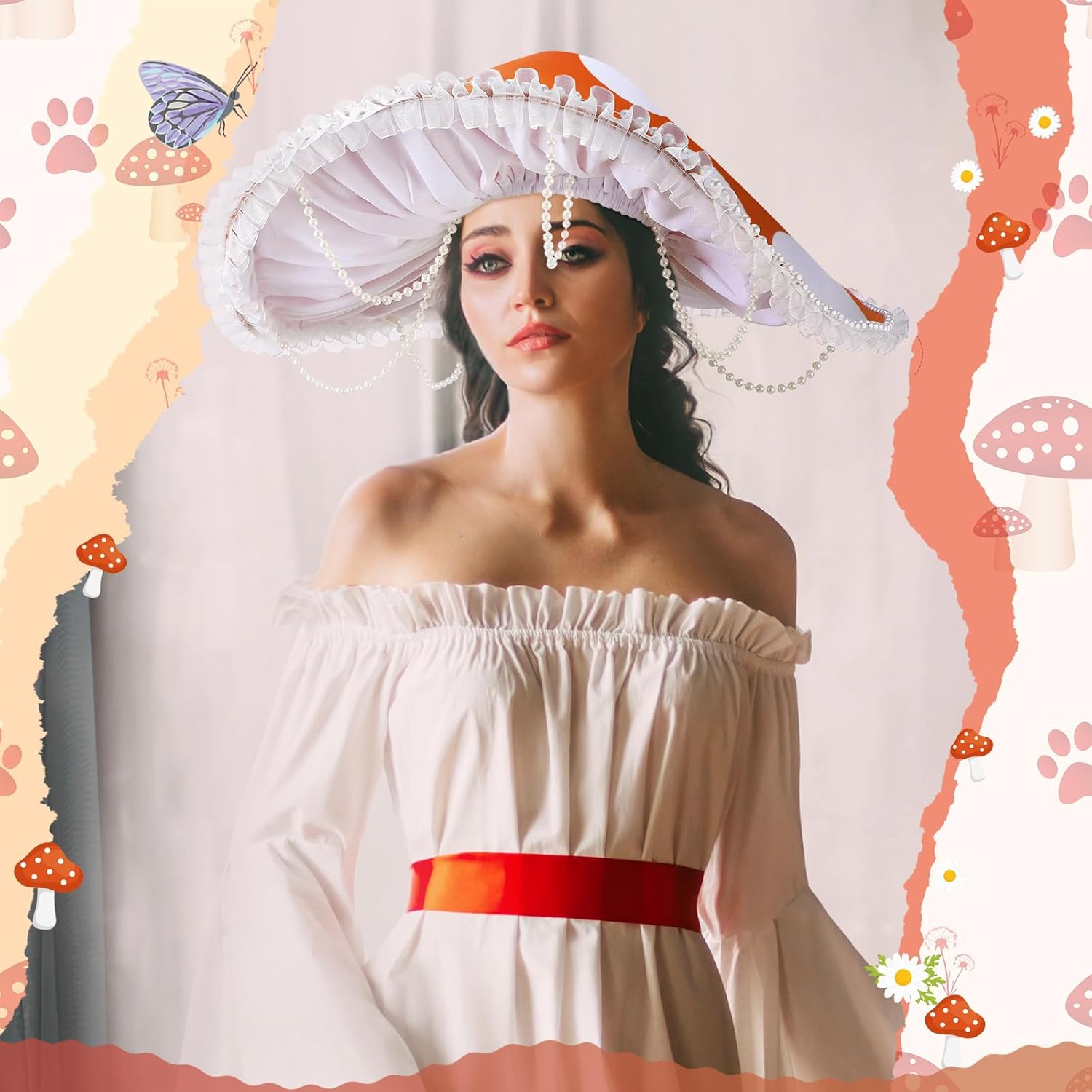 Mushroom Hat Renaissance Medieval Costume Cosplay Victorian Fairy Accessories with Bead Lace Brim Cap - Image 4