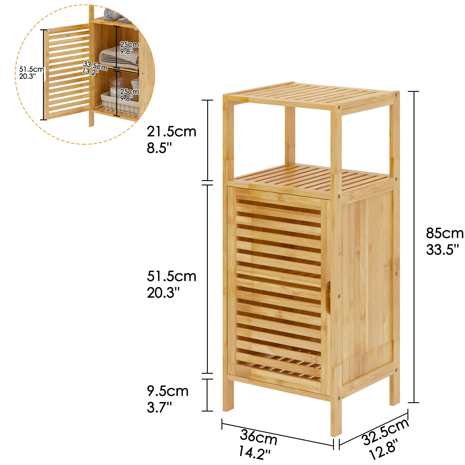 DlandHome Piccolo armadio in bambù con ante e mensole, armadio laterale a pavimento, ad angolo, per bagno, per la casa