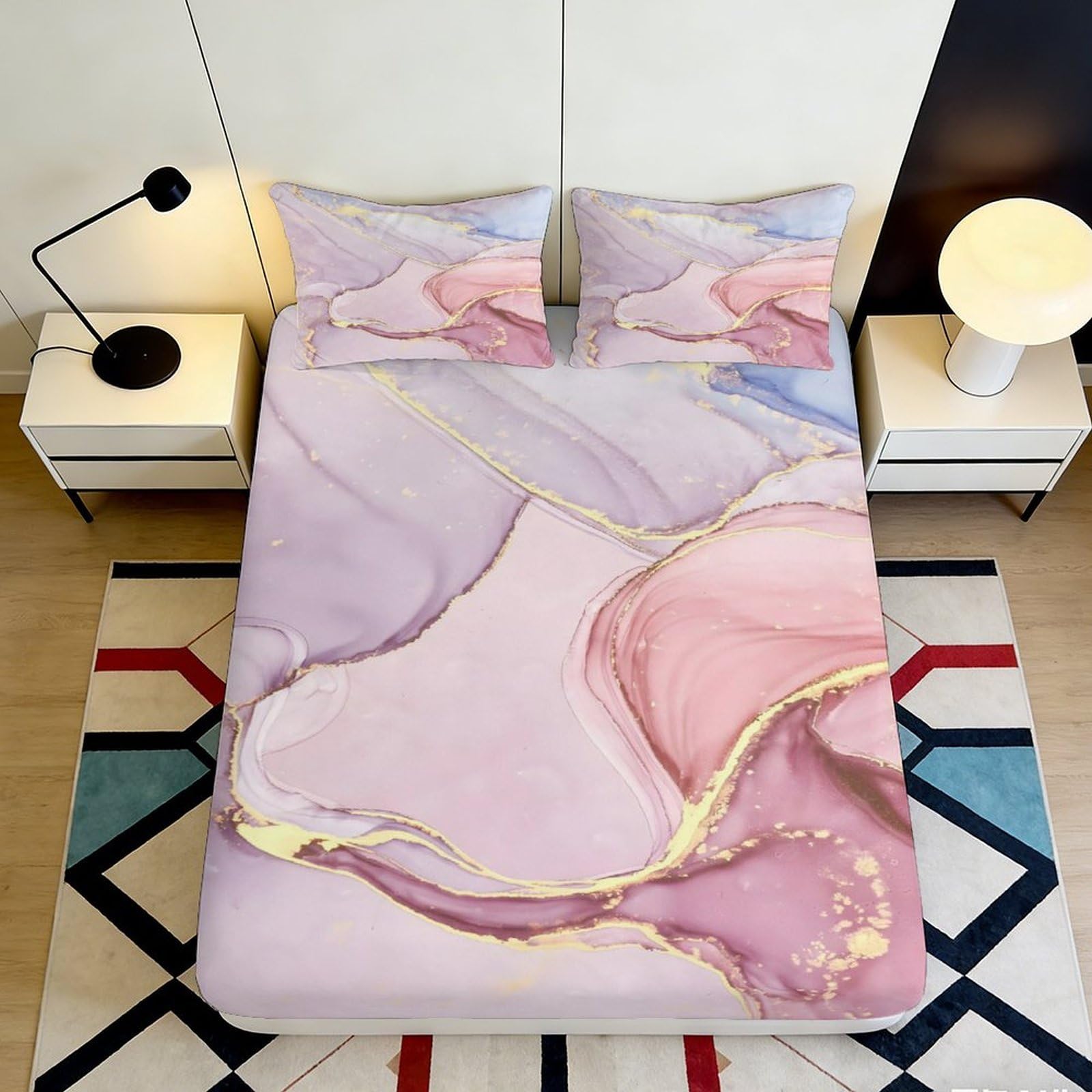 3D Printed Macaron Marble Fitted Sheet Microfiber Deep Pocket Bedroom Bedding Full Wrap Artistic Mattress Fitted Cover 90x200x25cm
